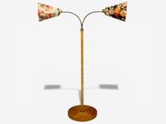 Corona Belysning, Floor Lamp, Wood, Brass, Fabric, Sweden, 1940s