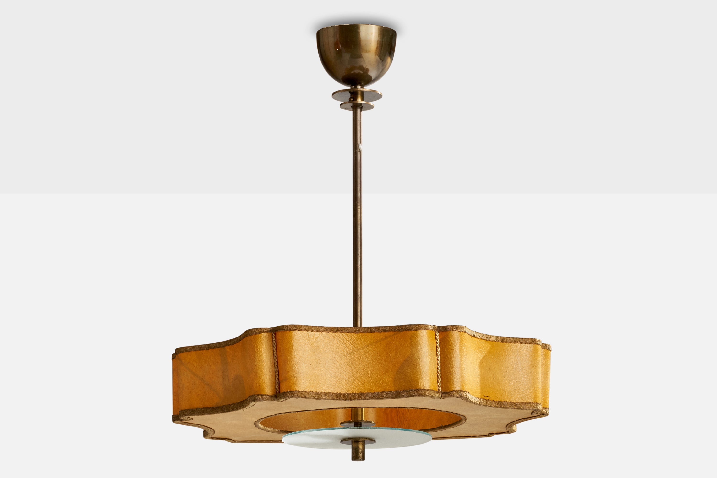 A brass, glass and yellow beige parchment paper pendant light designed and produced by Corona Belysning, Sweden, 1930s.

Dimensions of canopy (inches): 3” H x 4.25” Diameter
Socket takes standard E-26 bulbs. 4 sockets.There is no maximum wattage