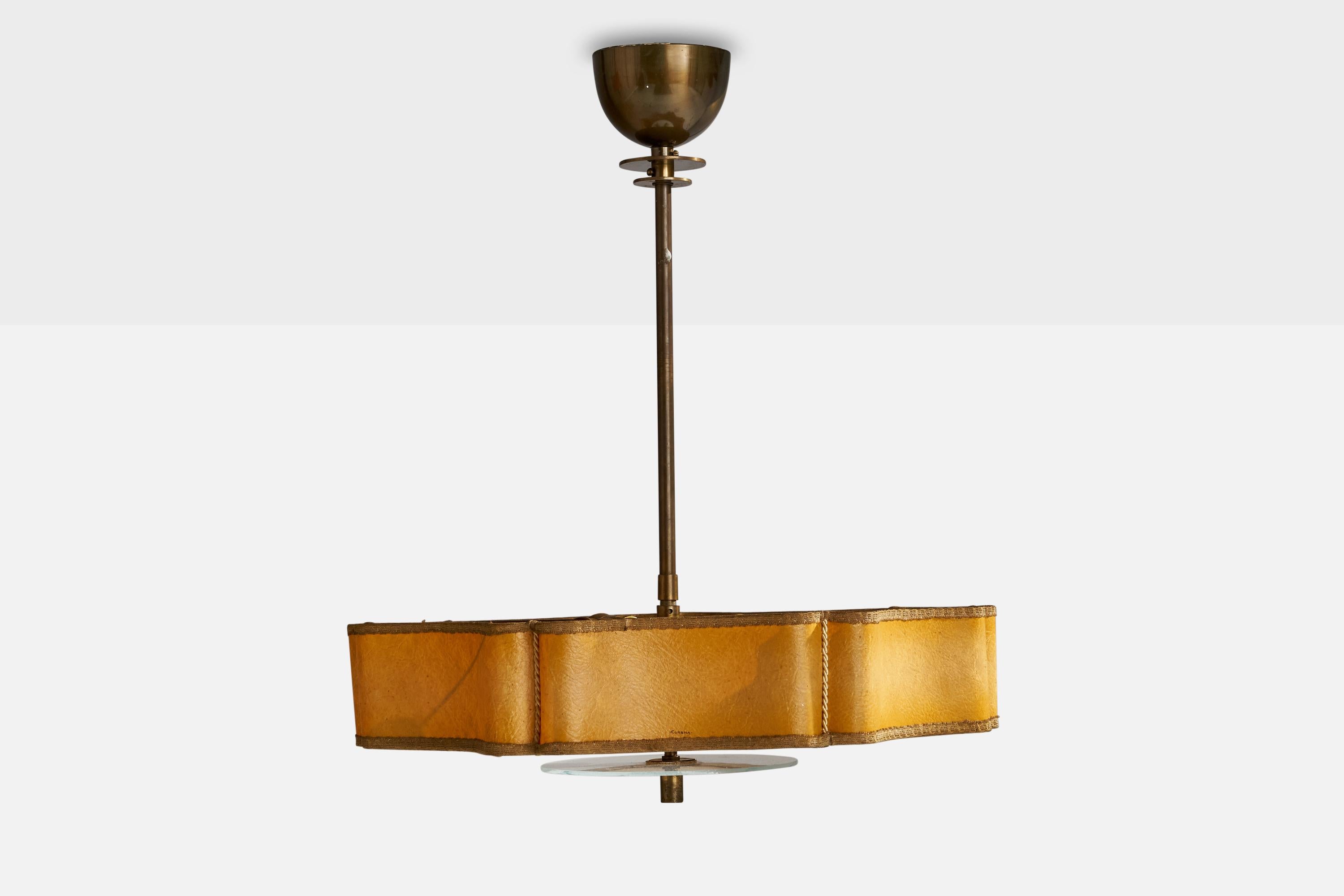 Scandinavian Modern Corona Belysning, Pendant Light, Brass, Glass, Parchment Paper, Sweden, 1930s For Sale