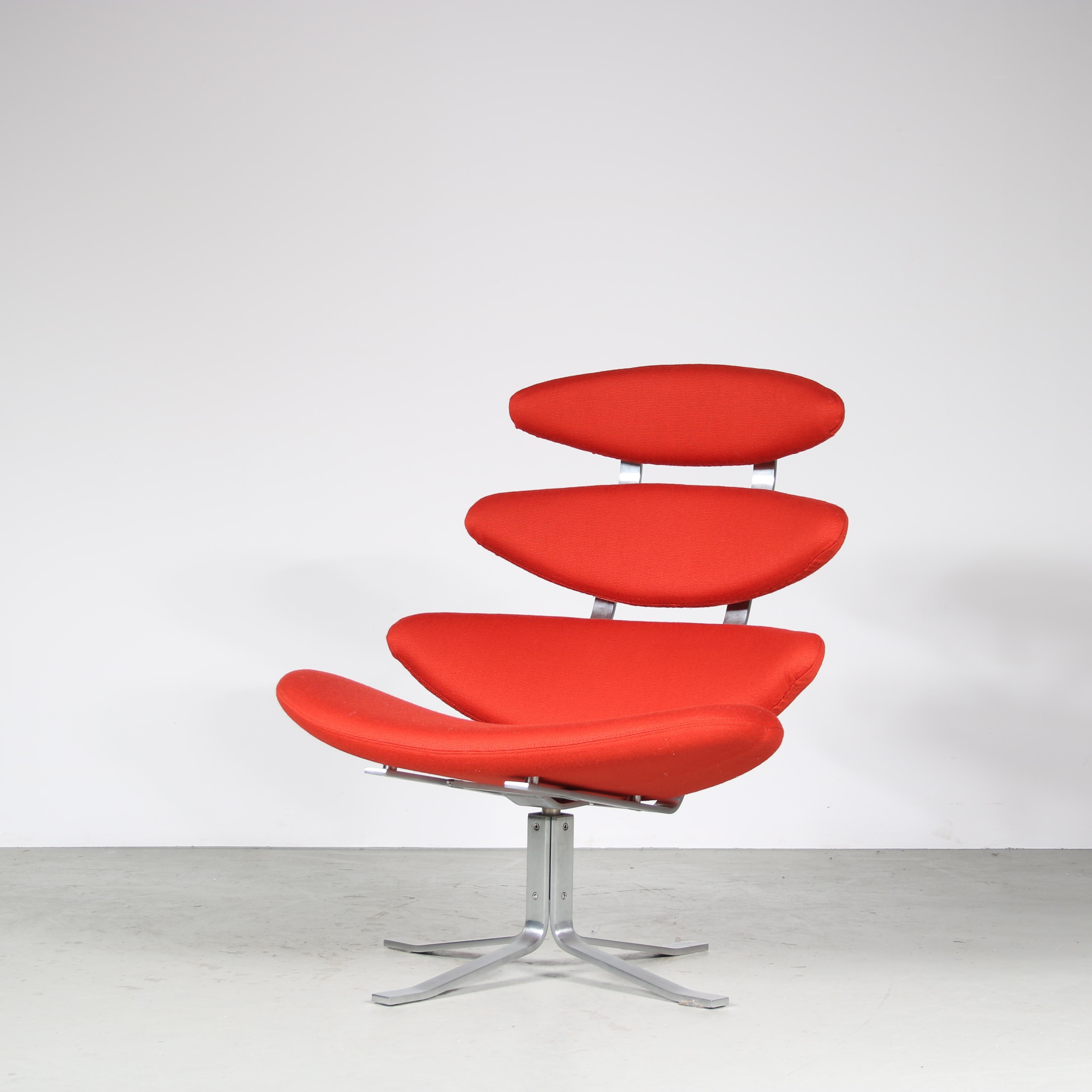 A unique chair, model “Corona”, designed by Poul Volther and manufactured by Erik Jorgensen in Denmark in 1964.

This iconic chair is made of beautiful quality chrome plated metal and newly upholstered in high quality red fabric. It’s elliptical