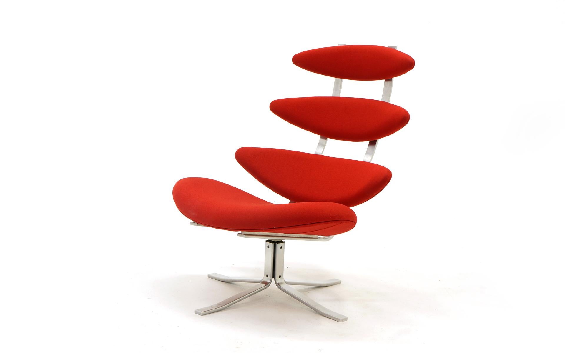 Poul Volther Corona chair made by Erik Jorgensen, Denmark. This has been expertly updated with new red Maharam fabric. Solid brushed steel frame with swivel. Very comfortable and ready to use.
