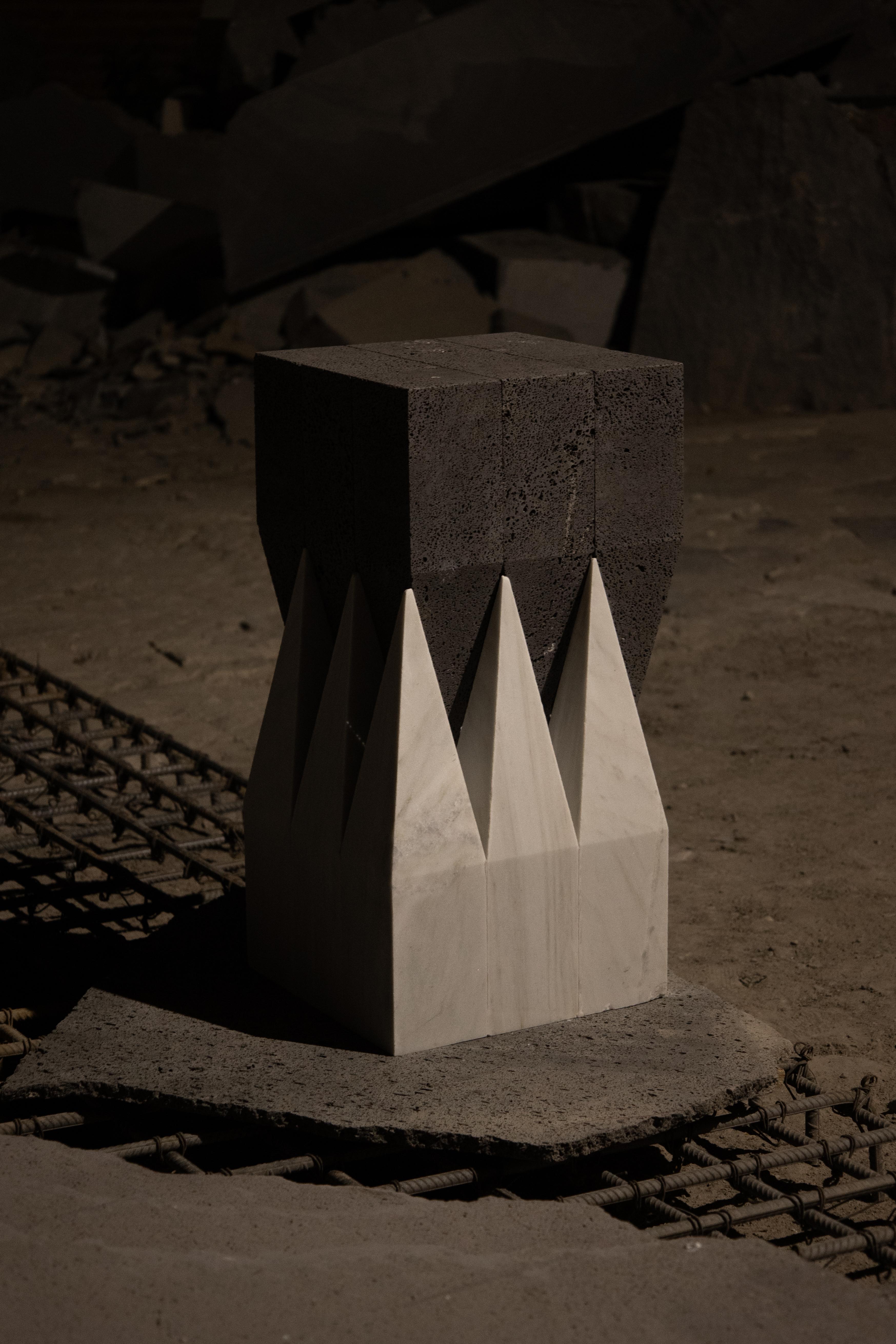 Contemporary Corona Side Table in Carrara Marble & Volcanic Stone by Alina Rotzinger For Sale
