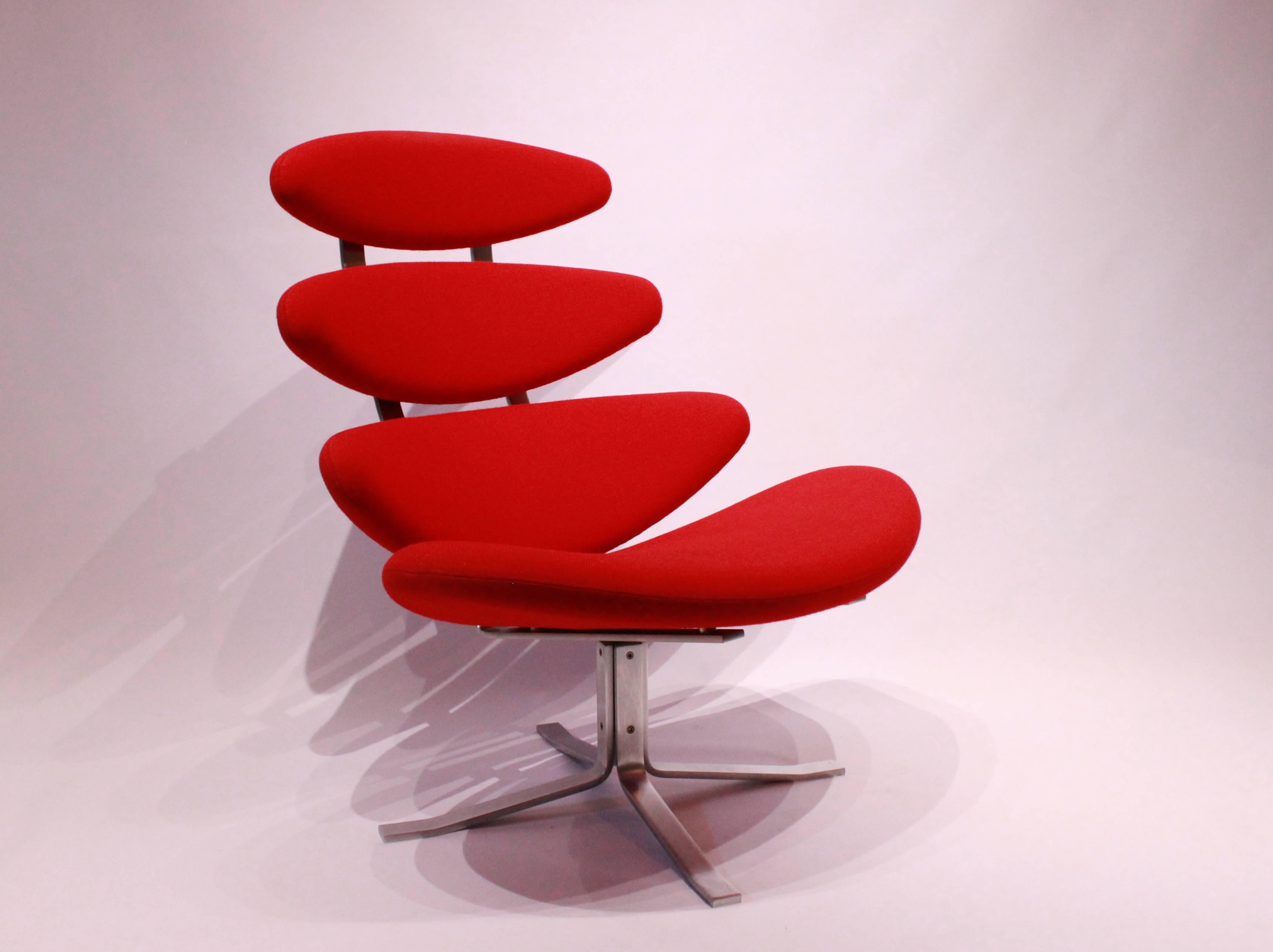 Corona, model EJ 5, designed by Poul M. Volther in 1964 and manufactured by Erik Jørgensen. The chair is upholstered in red wool fabric.