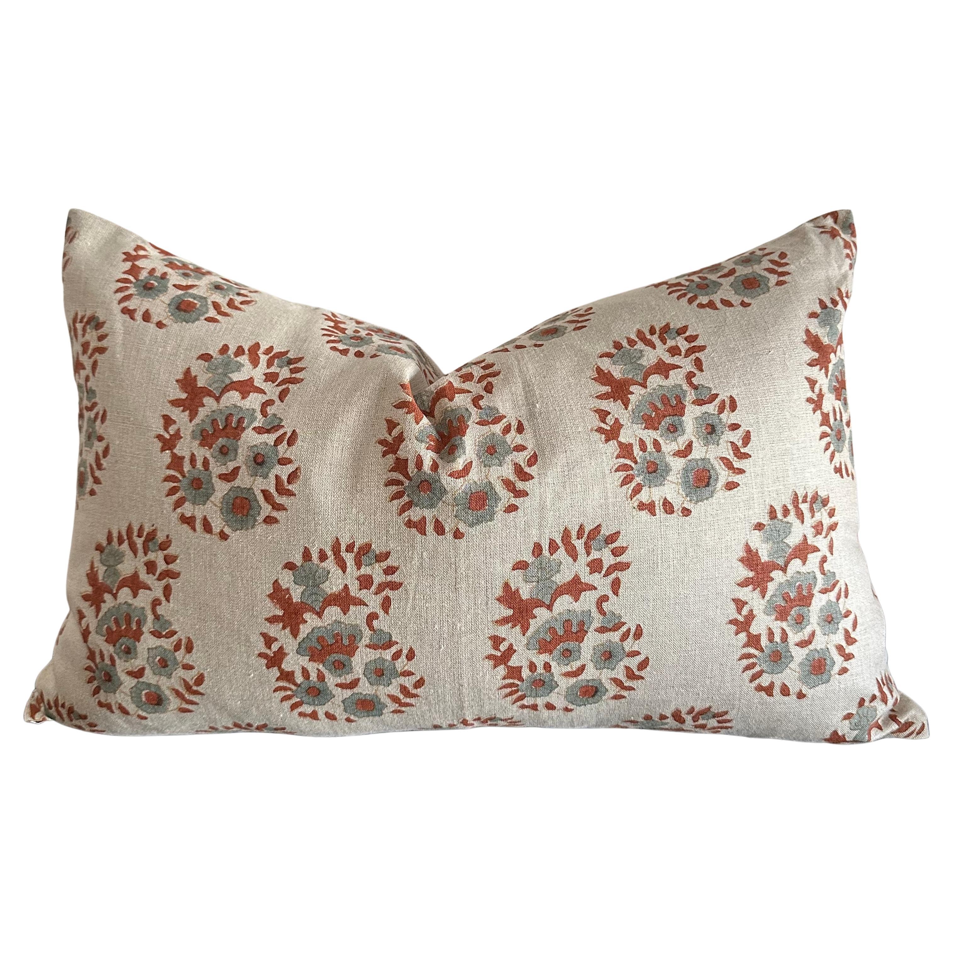 Coronado Block Printed Linen Lumbar Pillow with Down Feather Insert For Sale