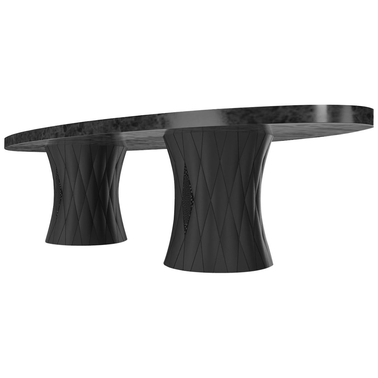 CORONADO DINING TABLE - Modern Maple Frise Charcoal Top with Seta Leather Base