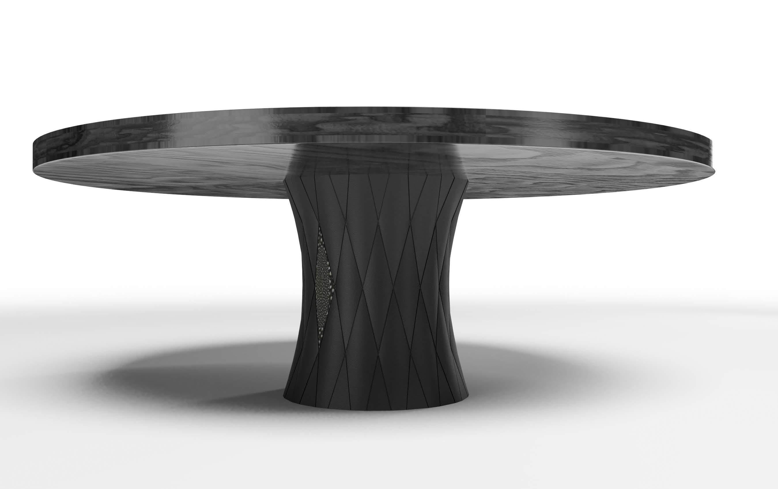 Italian CORONADO ROUND DINING TABLE - Modern Maple Frise Charcoal Top and Leather Base