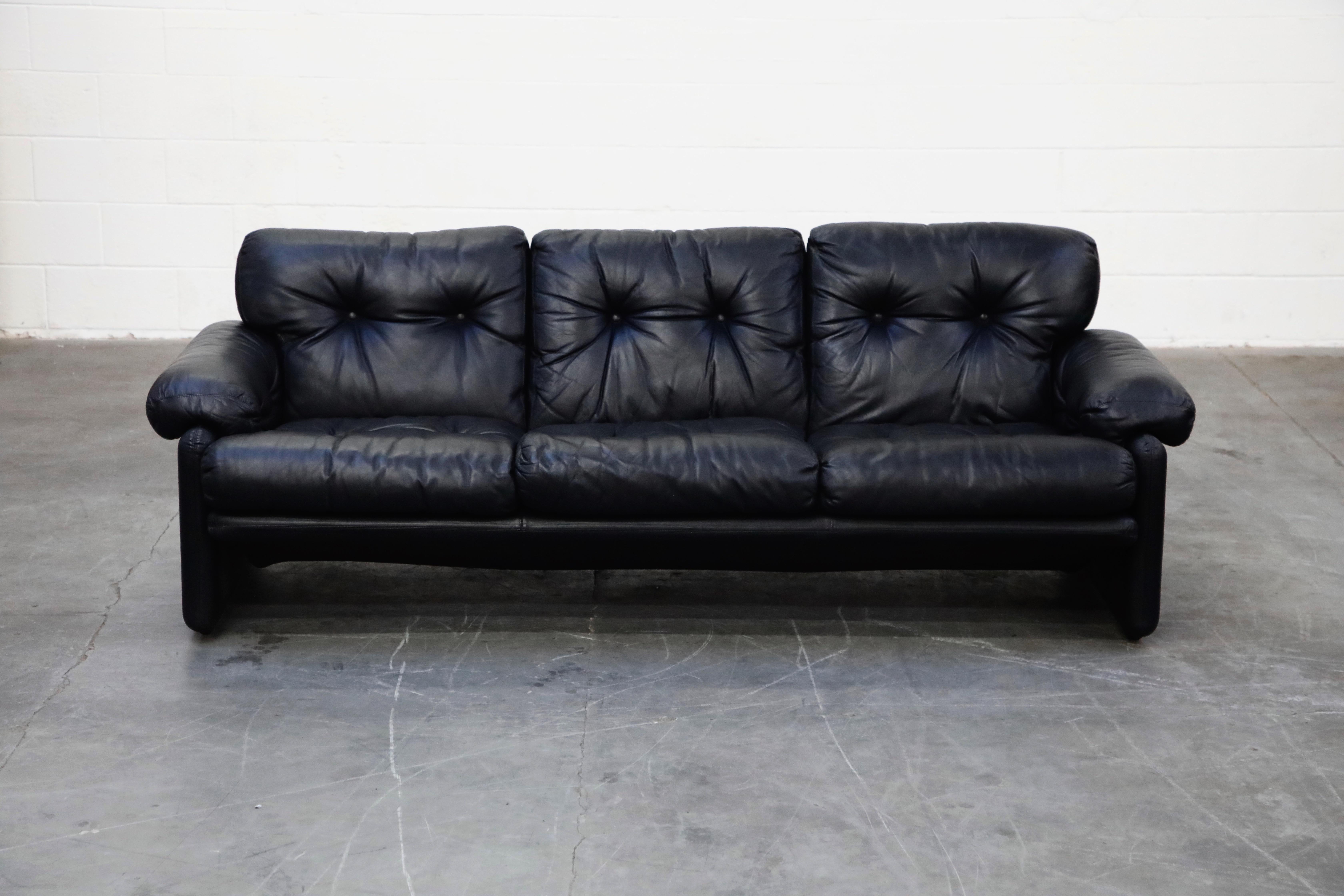 This cool, laid back yet refined three-seat 'Coronado' black leather sofa is by Afra and Tobia Scarpa for B & B Italia. Signed with original B&B Italia label and all original black leather - this is a perfect option for interior designer client,