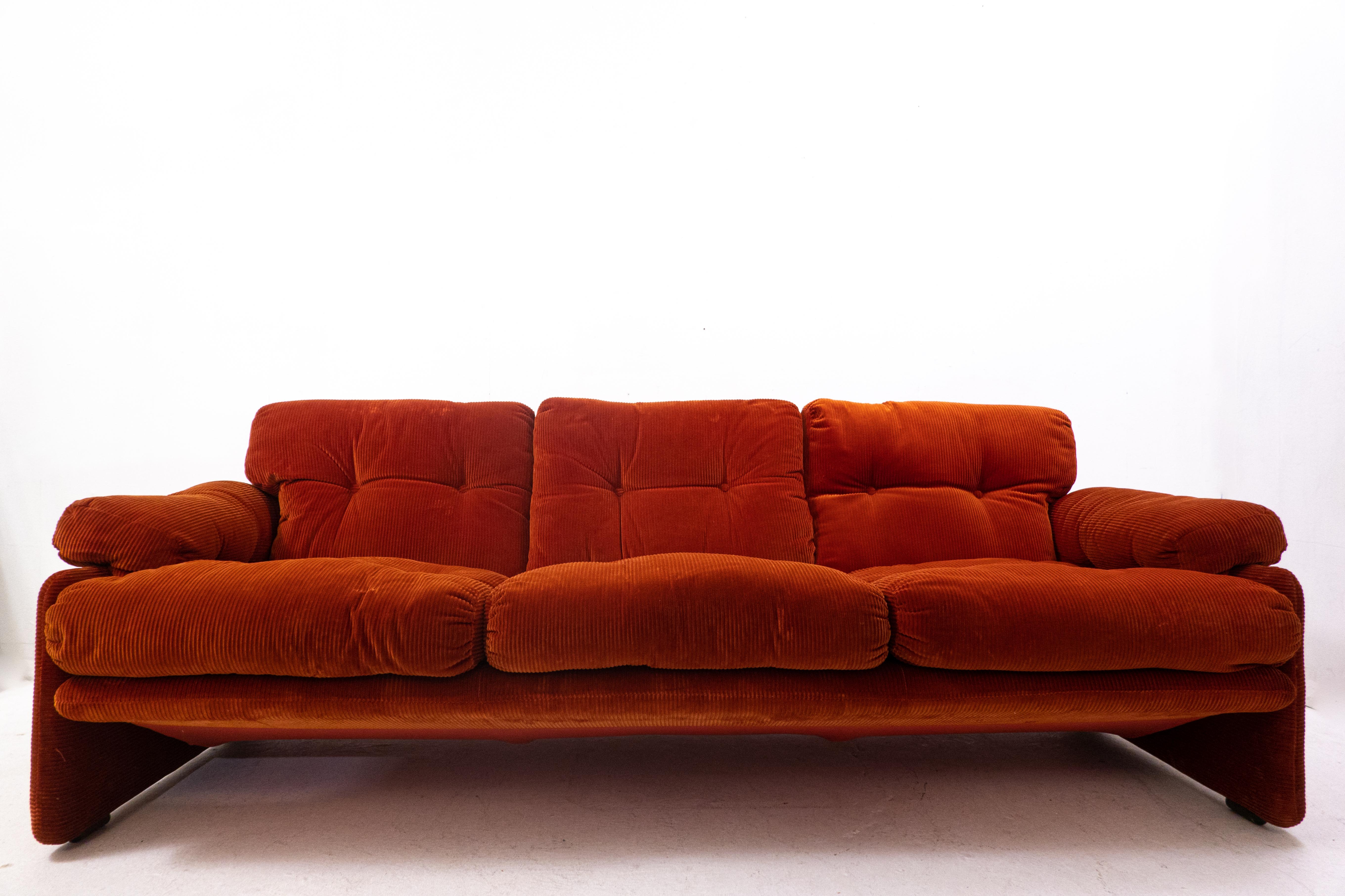 Mid-Century Modern Coronado Three-Seat Sofa by Tobia Scarpa, B&B Italia, Orange Velvet, 1960s