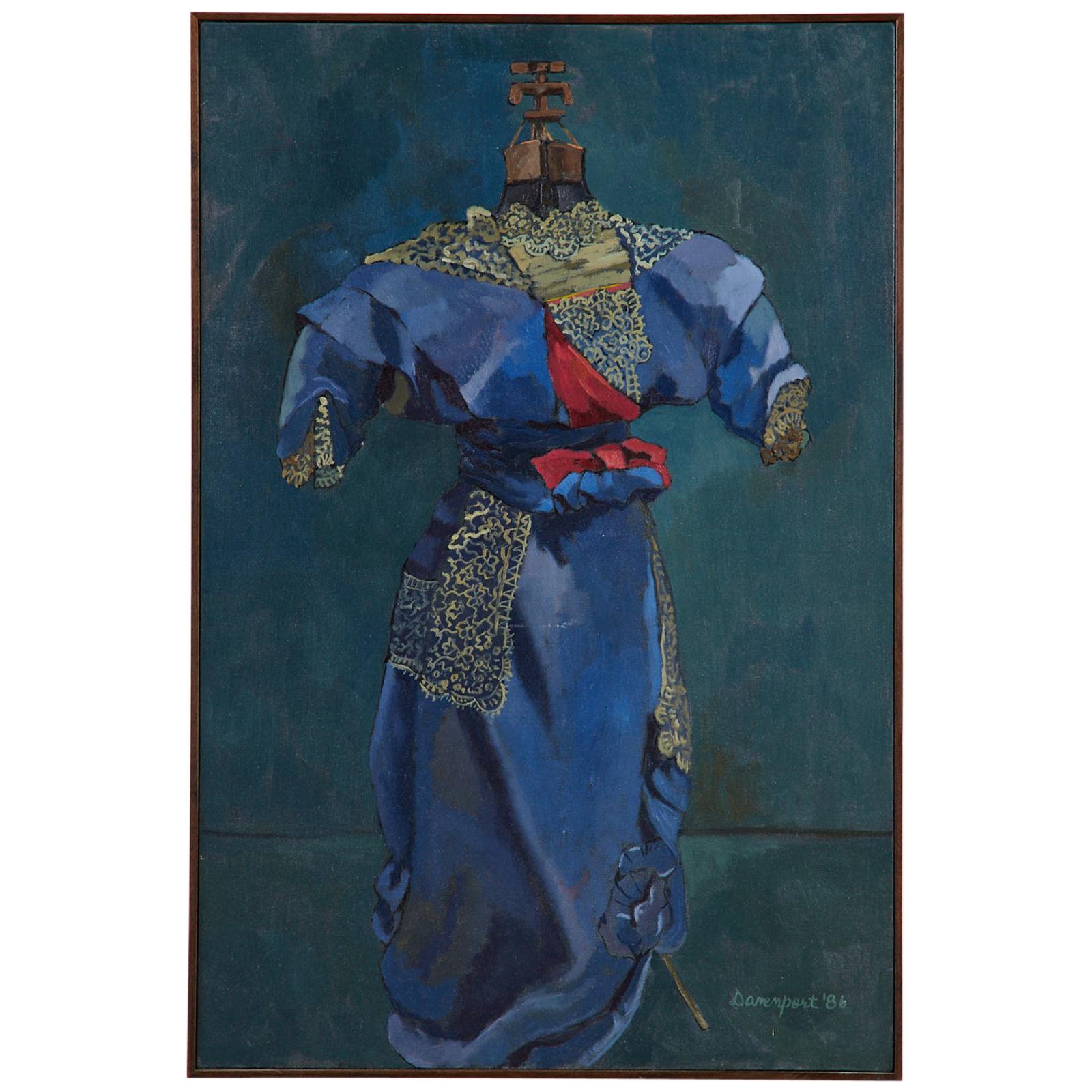 Festive oil on canvas painting titled coronation by Jill Davenport (American 20th Century) features a blue gown with a red sash on a stand. Signed and dated on bottom. Labeled on verso with date 1/1987 attic series. From an estate in San Francisco,