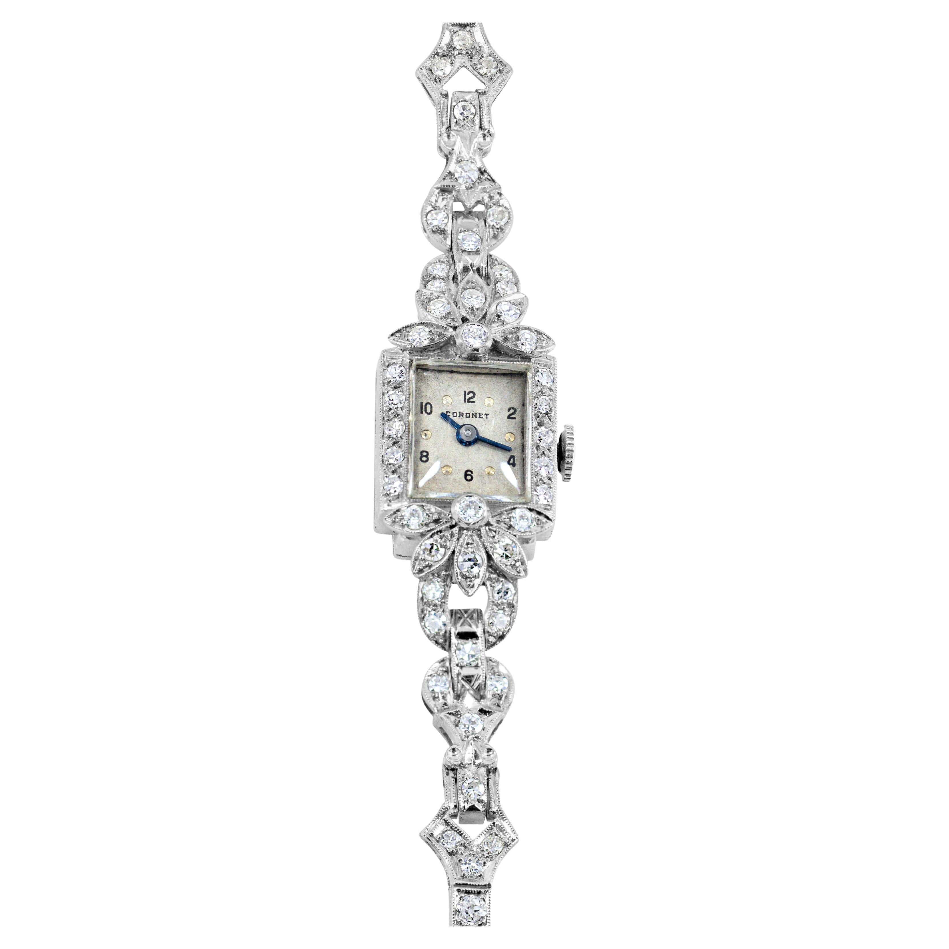 Coronet 2.04 Carats Mixed-Cut Diamonds Vintage 1940s Ladies Watch in Platinum