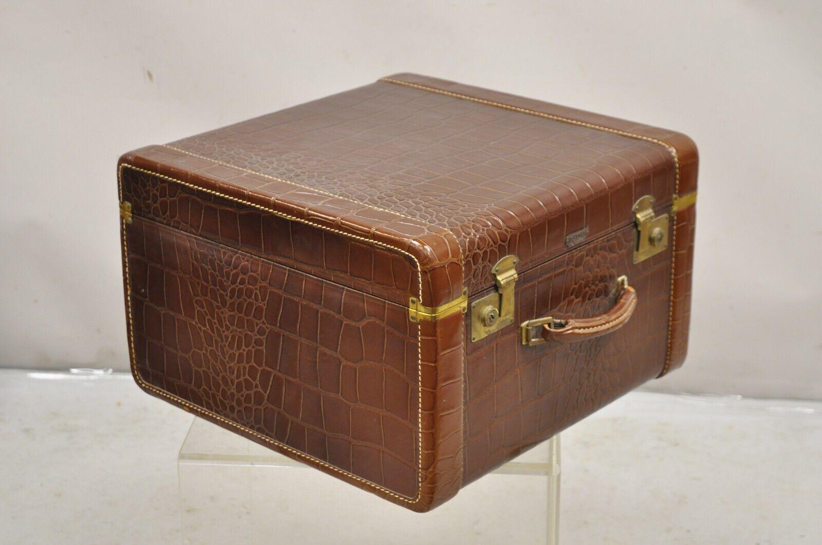 Coronet Spelrein Brown Top Grain Cowhide Leather Croc Print Suitcase Hat Trunk 7