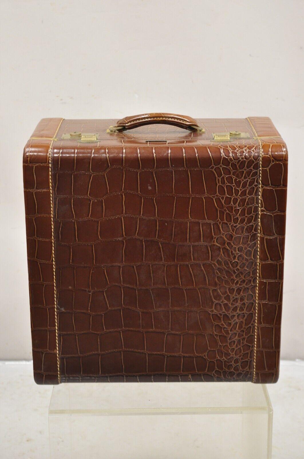 Art Deco Coronet Spelrein Brown Top Grain Cowhide Leather Croc Print Suitcase Hat Trunk