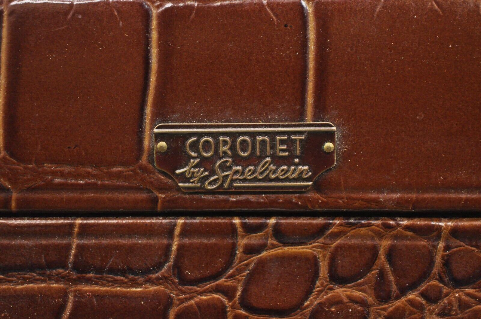 Coronet Spelrein Brown Top Grain Cowhide Leather Croc Print Suitcase Hat Trunk In Good Condition In Philadelphia, PA