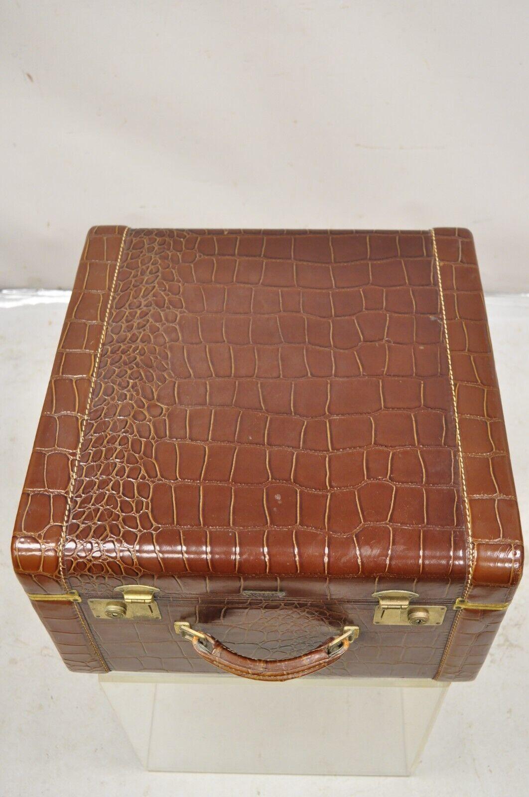 20th Century Coronet Spelrein Brown Top Grain Cowhide Leather Croc Print Suitcase Hat Trunk