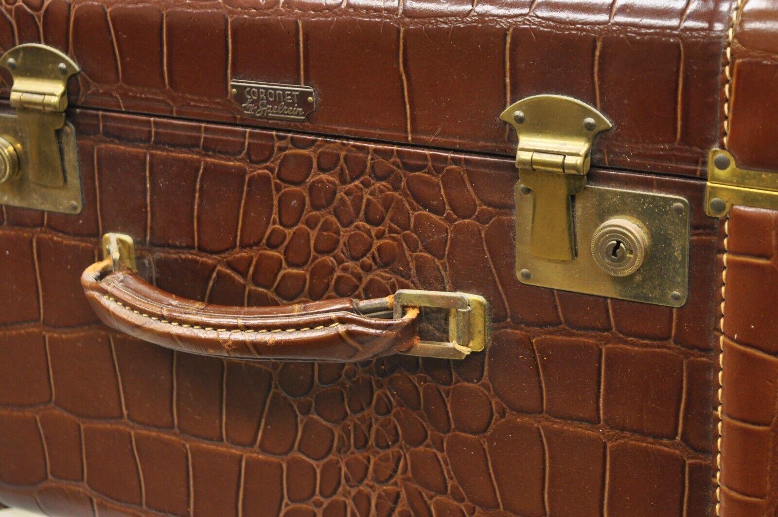 Coronet Spelrein Brown Top Grain Cowhide Leather Croc Print Suitcase Hat Trunk 1