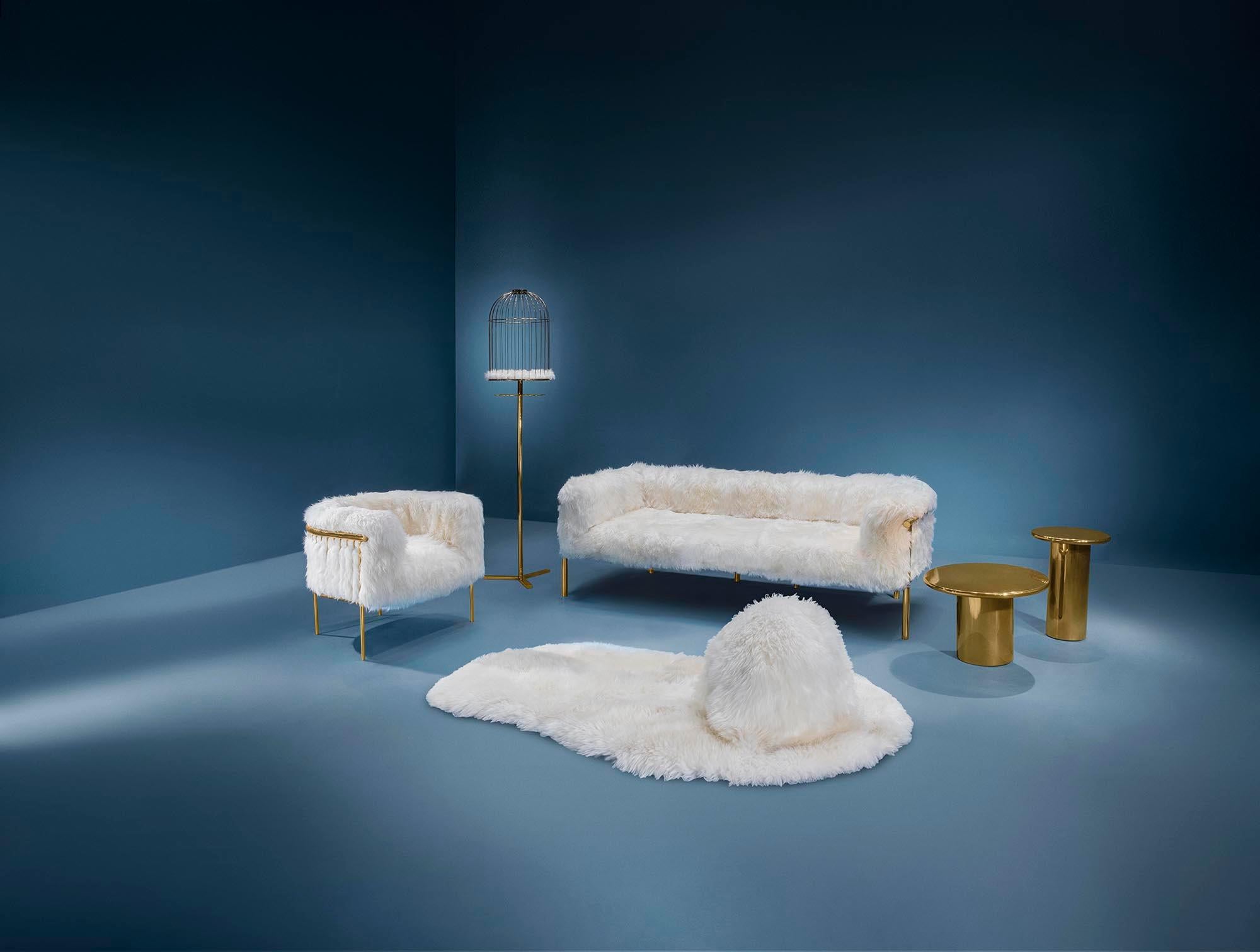 Contemporary Coronum Sheepskin Gold Armchair by Artefatto Design Studio For Sale