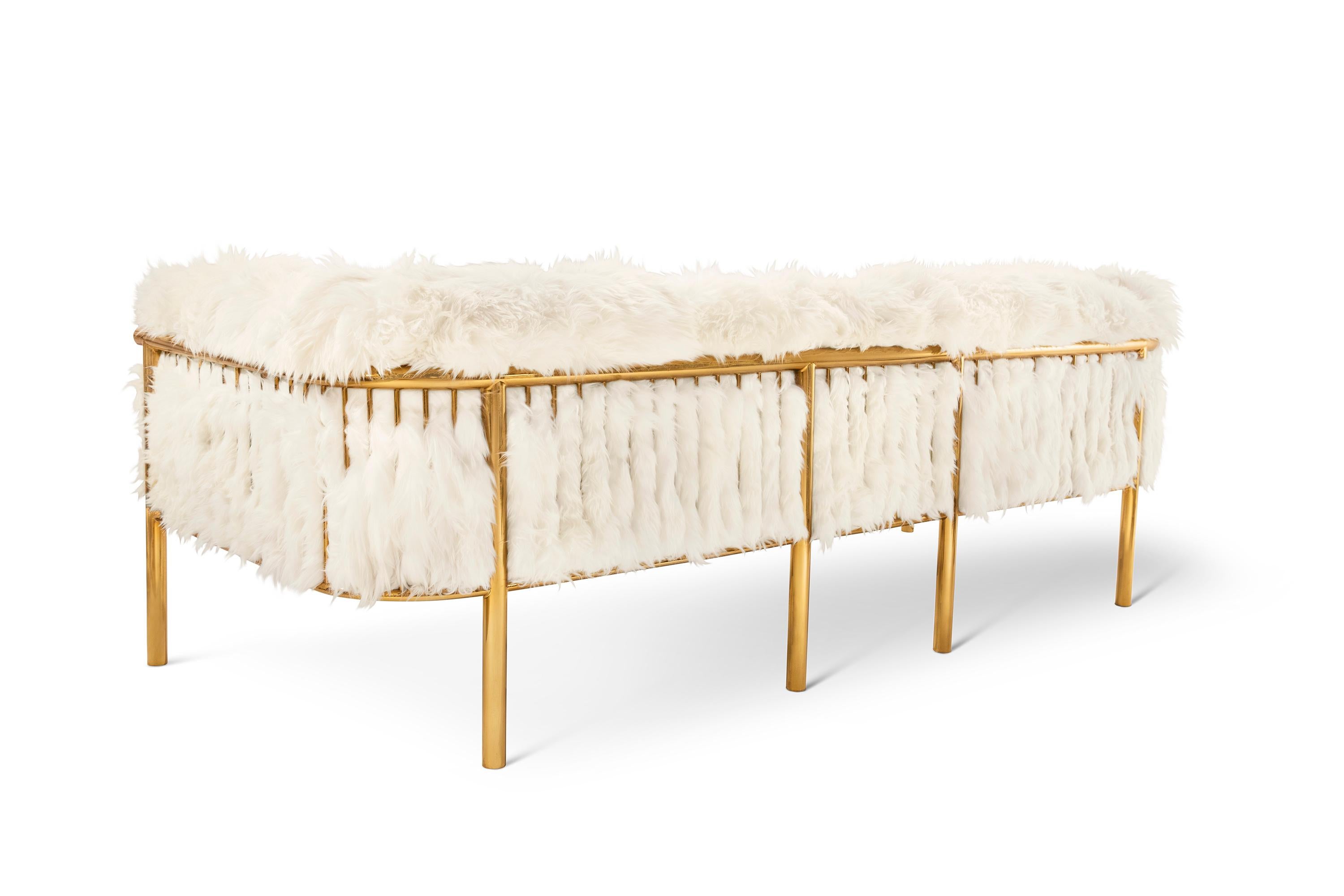 Indian Coronum 3 Seat Gold Sheepskin Sofa by Artefatto Design Studio For Sale