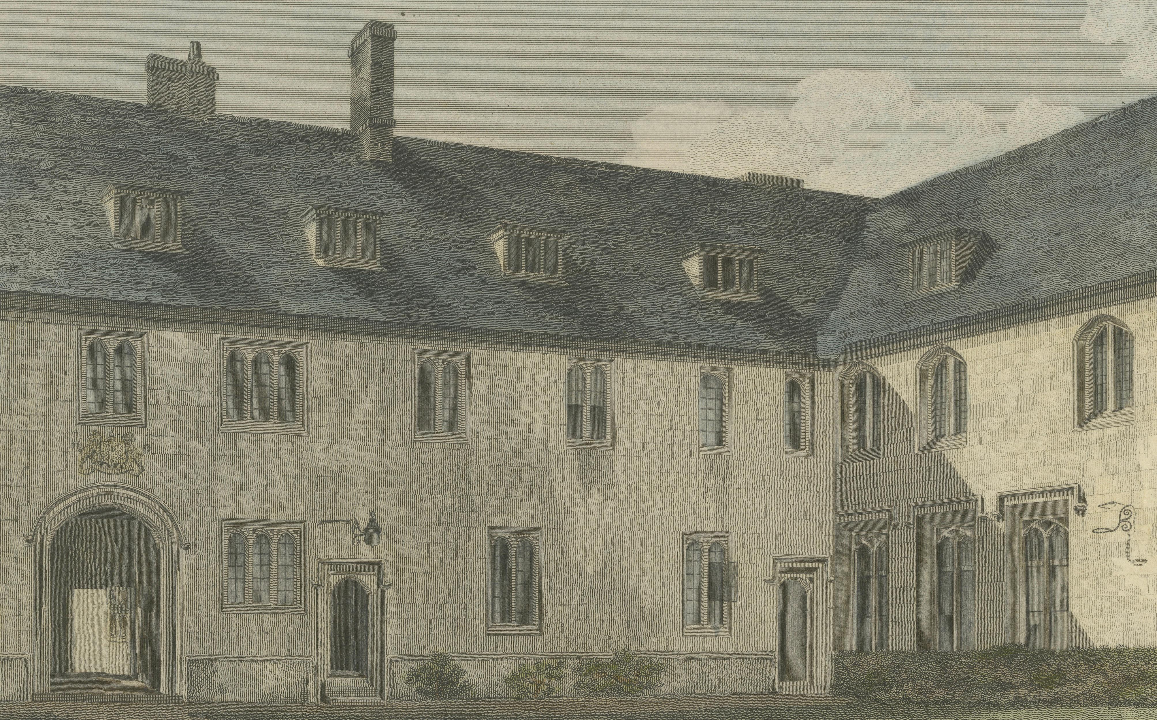 Corpus Christi College Cambridge, Old Court, 19thC Hand-Colored Engraving