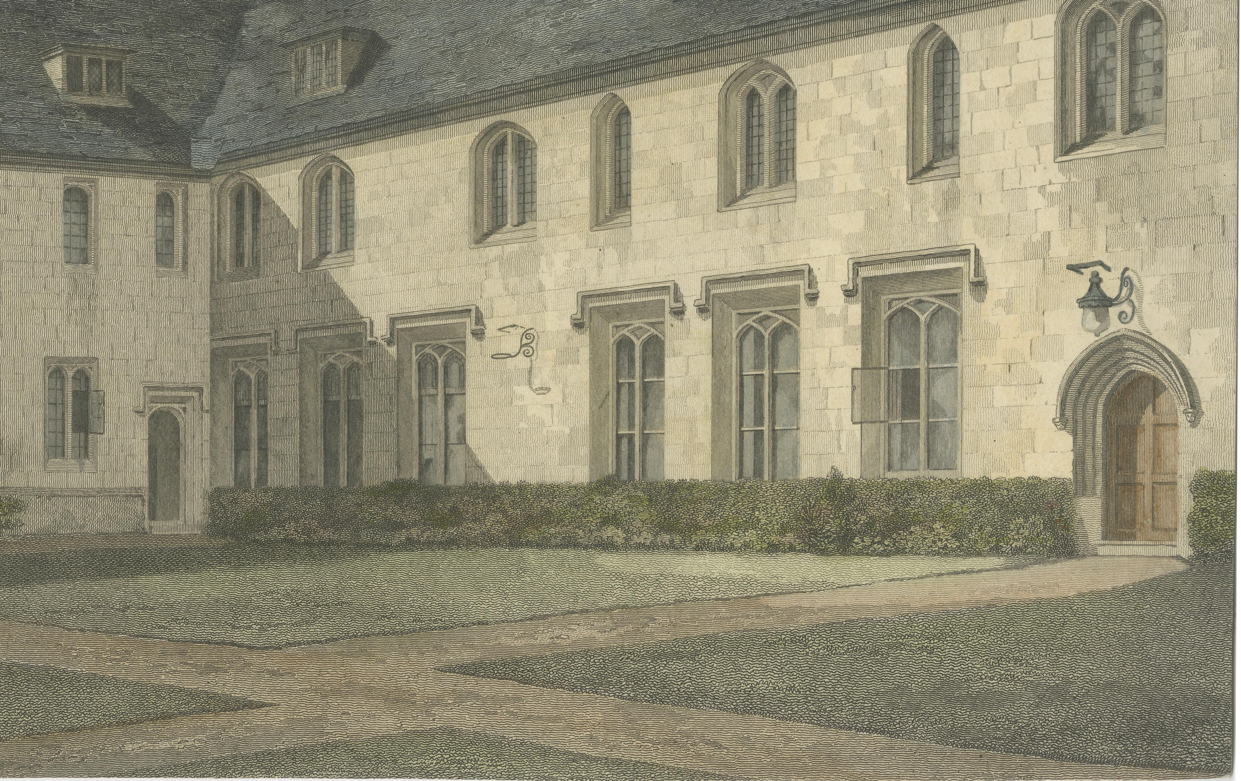Corpus Christi College Cambridge, Old Court, 19thC Hand-Colored Engraving