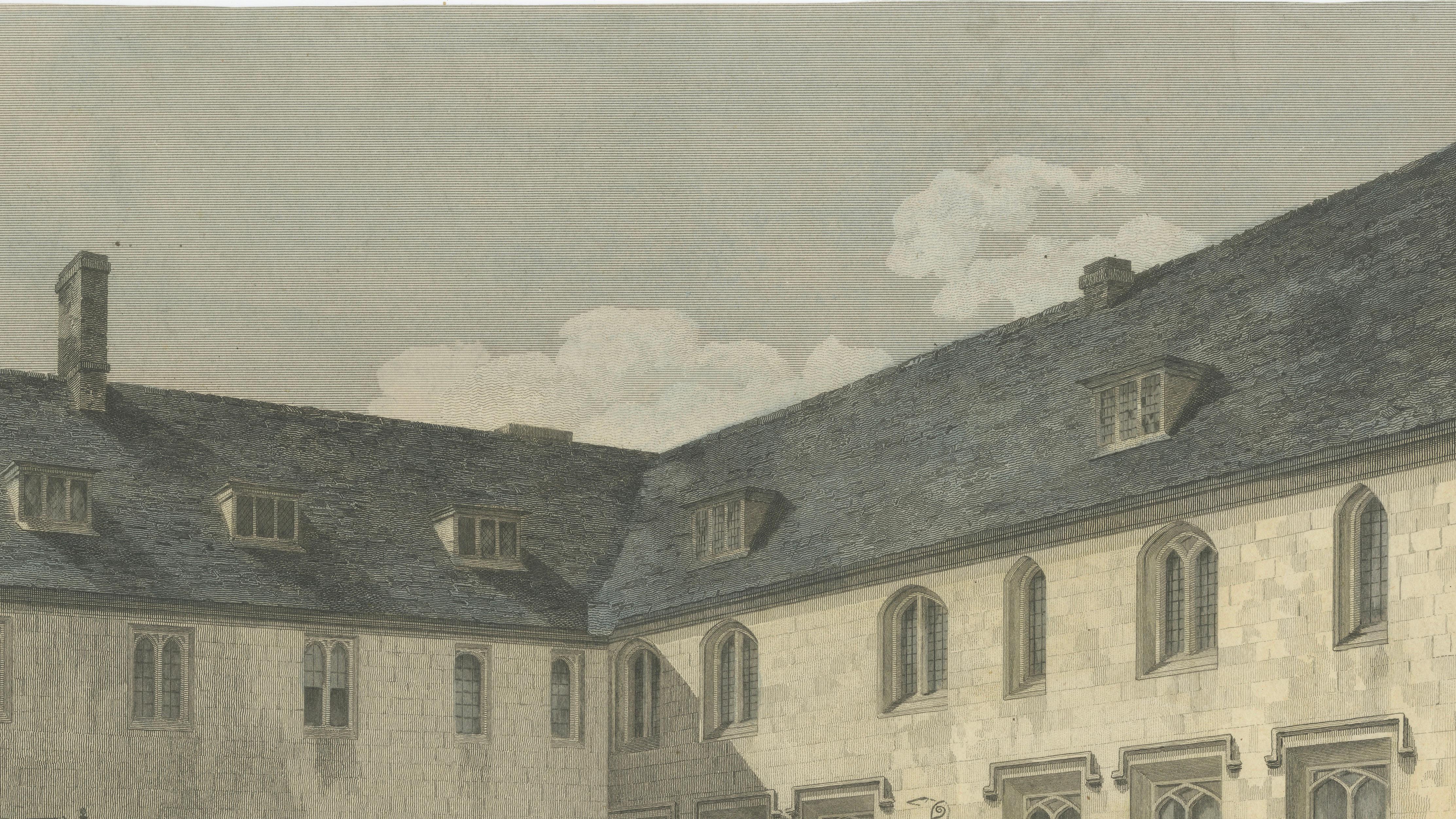 Corpus Christi College Cambridge, Old Court, 19thC Hand-Colored Engraving