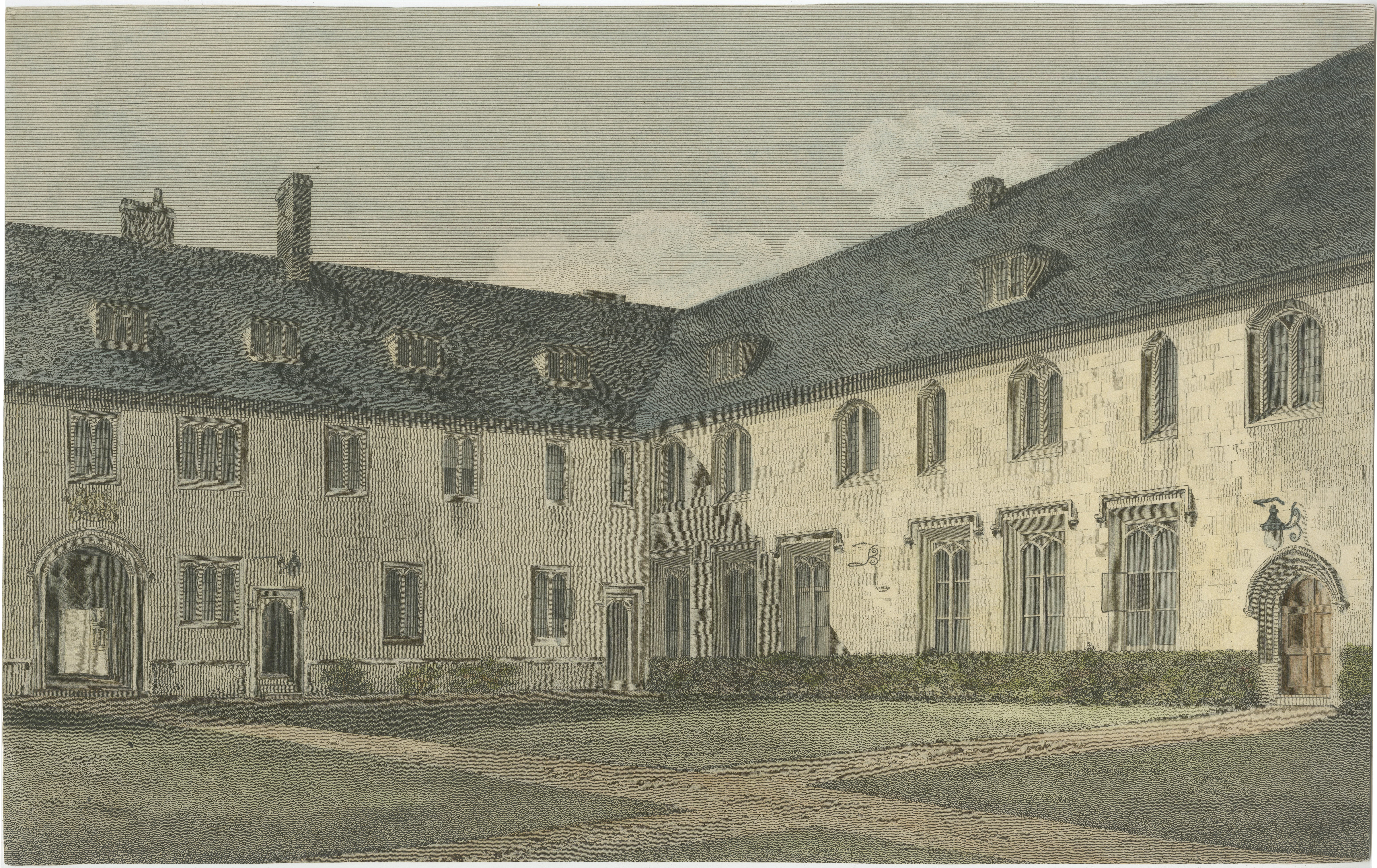 Corpus Christi College Cambridge, Old Court, 19thC Hand-Colored Engraving