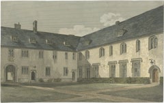 Corpus Christi College Cambridge, Old Court, 19thC Hand-Colored Engraving