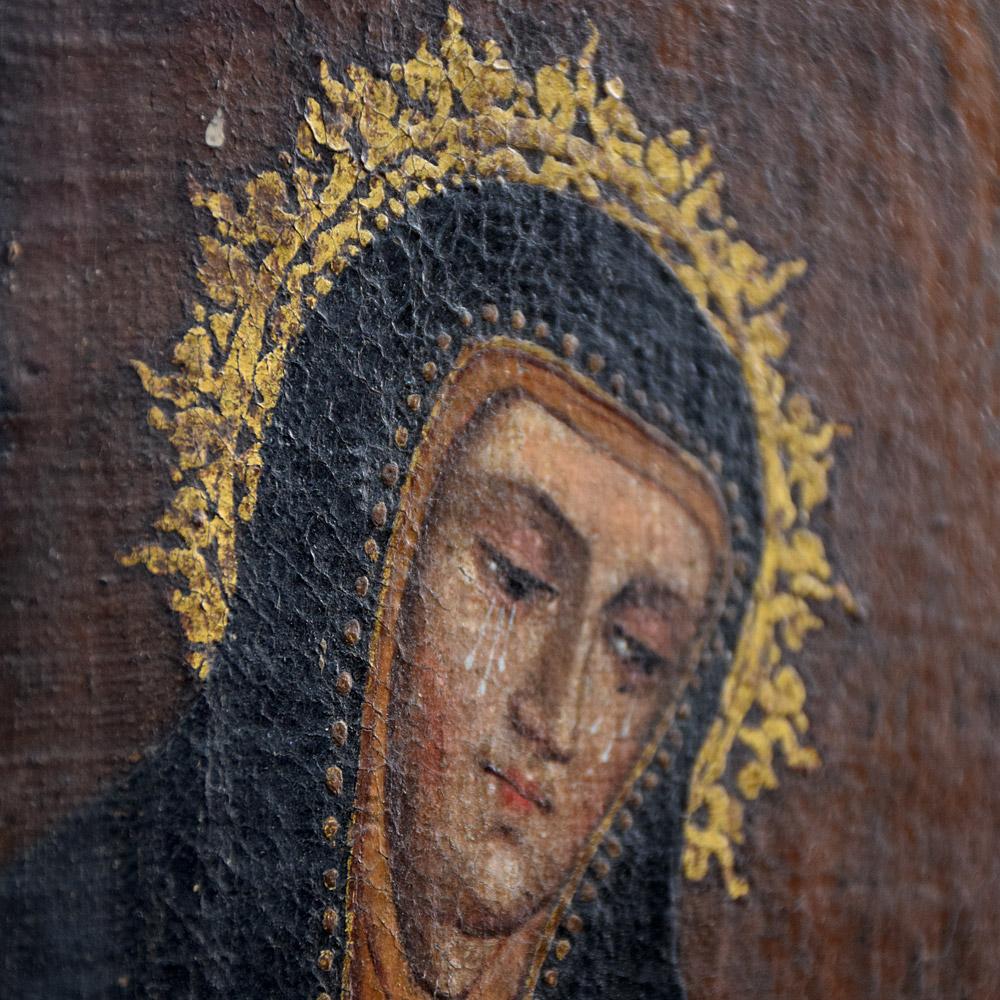 Corpus Christi Depiction, circa 1800
We are proud to offer a wonderful example of a circa 1800 oil on canvas painting with a unique depiction of Christs crucifixion, with 2 angelic attendant figures looking on. A truly extraordinary example with