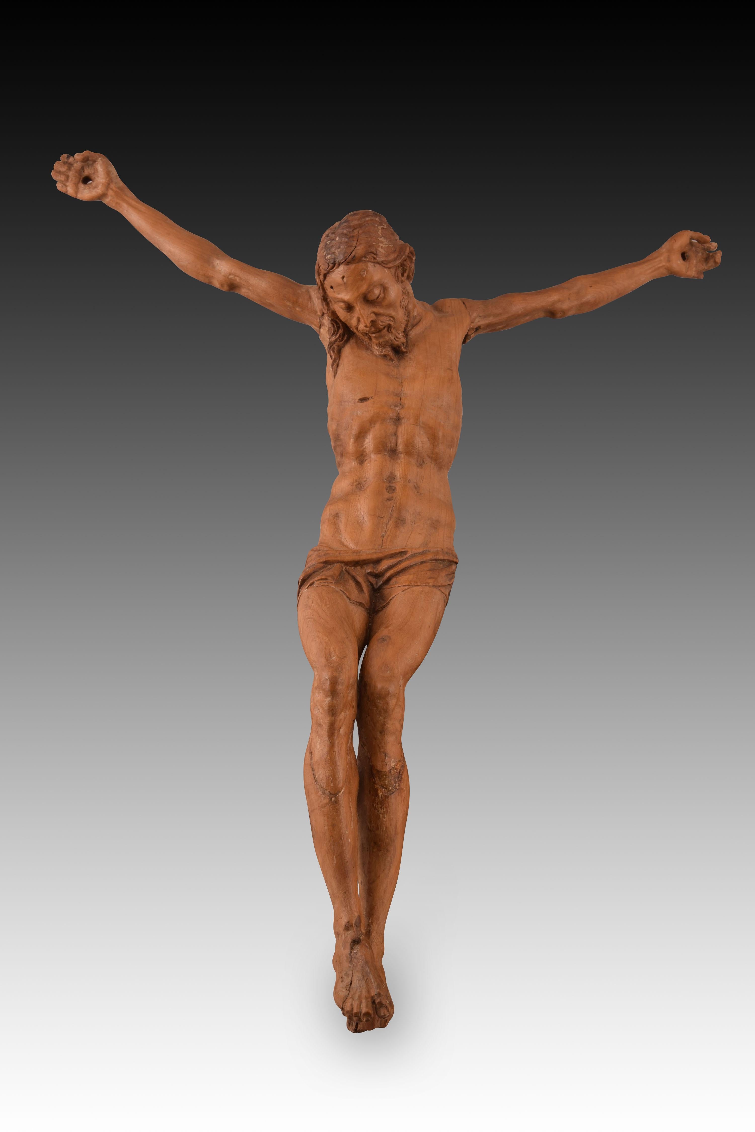 Christ crucified. Carved wood. Century XVI. 
Crucified Christ made of carved wood that does not present a Cross of Thorns but does have a short and tight perizonium, with numerous folds. With three nails, as is common late in the Middle Ages in