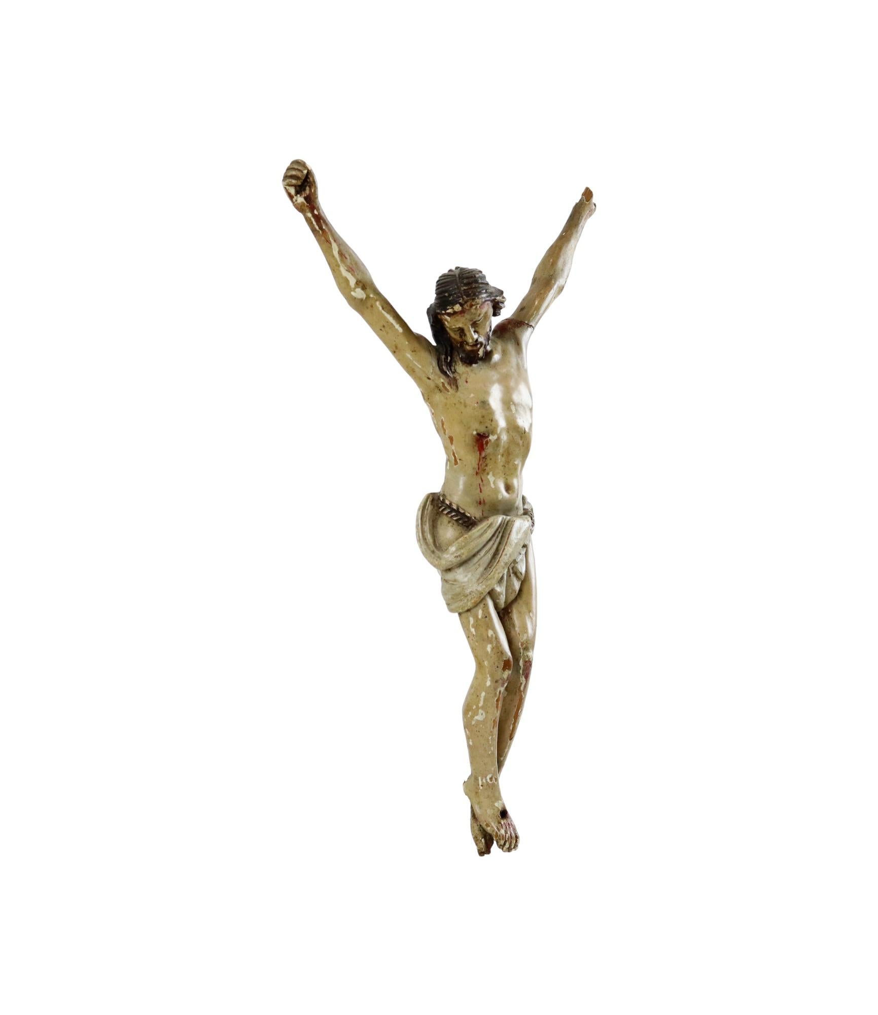 Corpus Madera Policromada Antigua Christi Siglo XVIII Escultura Imagen 33cm en Bastante bueno estado para la venta en Poperinge, BE