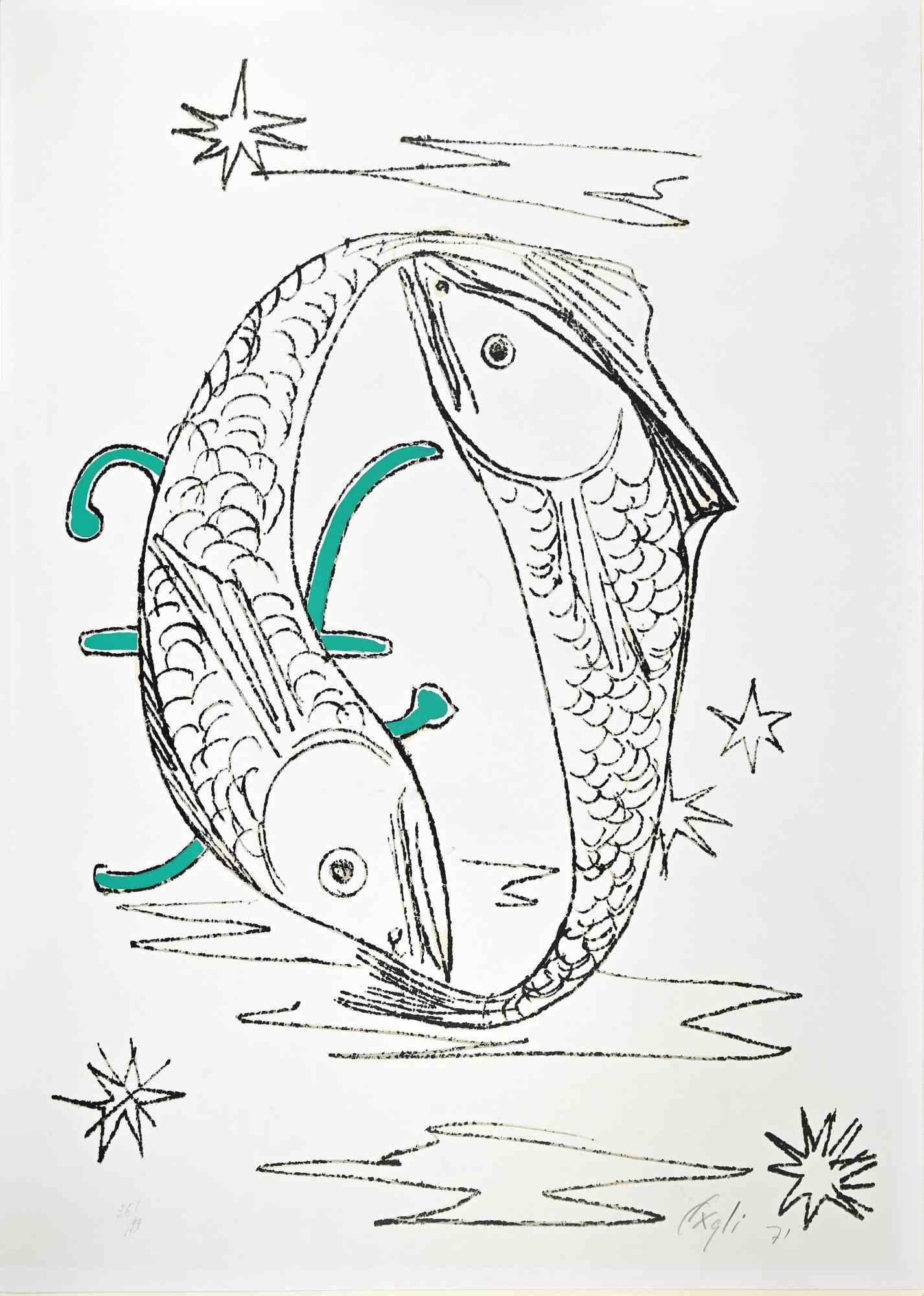 Fishes is an original modern artwork realized by Corrado Cagli in 1971.

Mixed colored lithograph.

Hand signed and dated on the lower right margin.

Numbered on the lower left.

Edition 55/99
