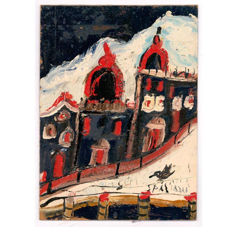 Una tavolozza selezionata è stata utilizzata in modo pittorico per ritrarre questa stravagante visione di case a schiera dell'artista italiano Corrado Spaziani (1921-1986). Il dipinto è firmato nell'angolo inferiore destro. A bordo.
