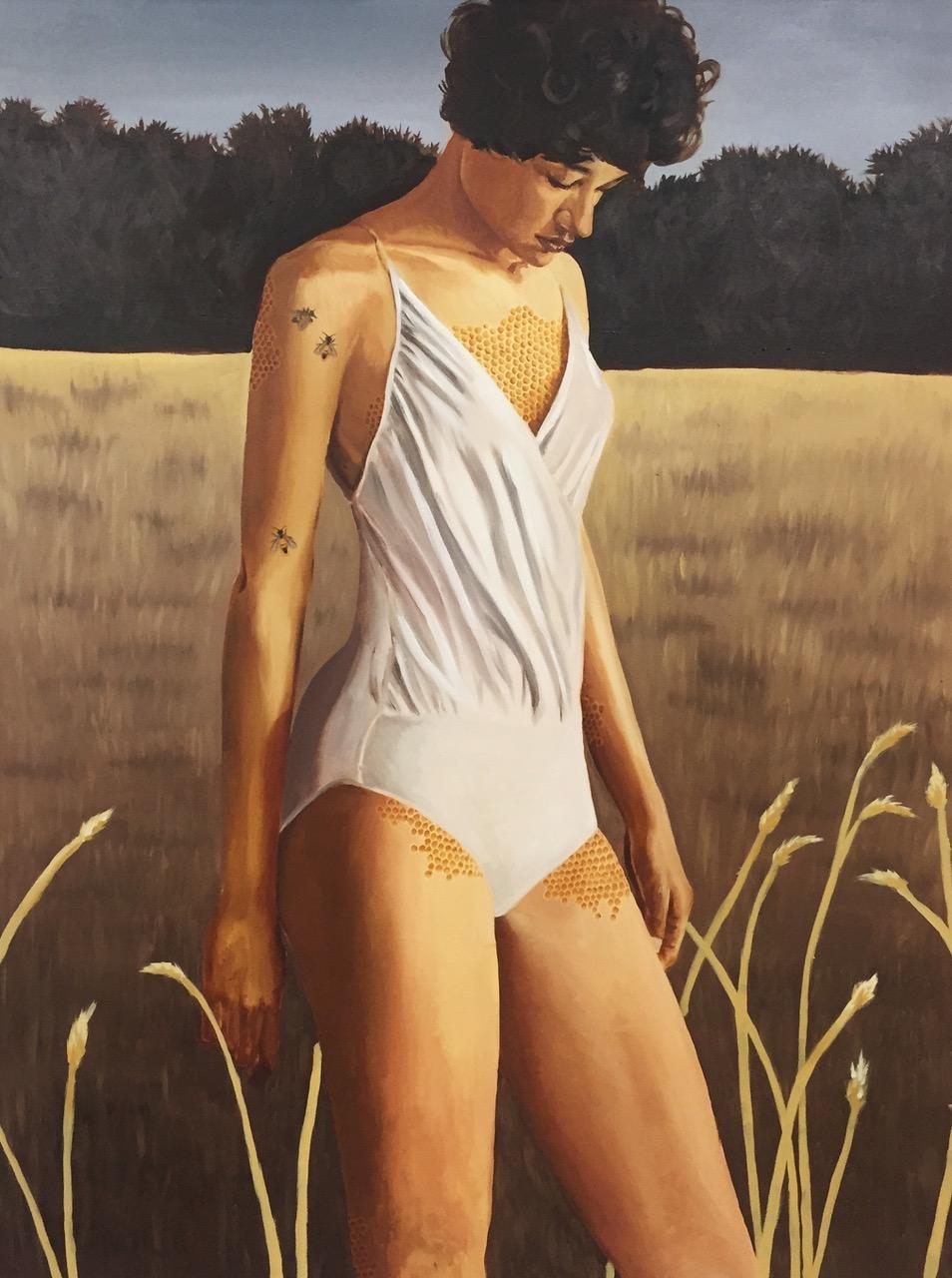 Corran Shrimpton Figurative Painting - Milk and Honey, portrait of woman in wheat field, figurative