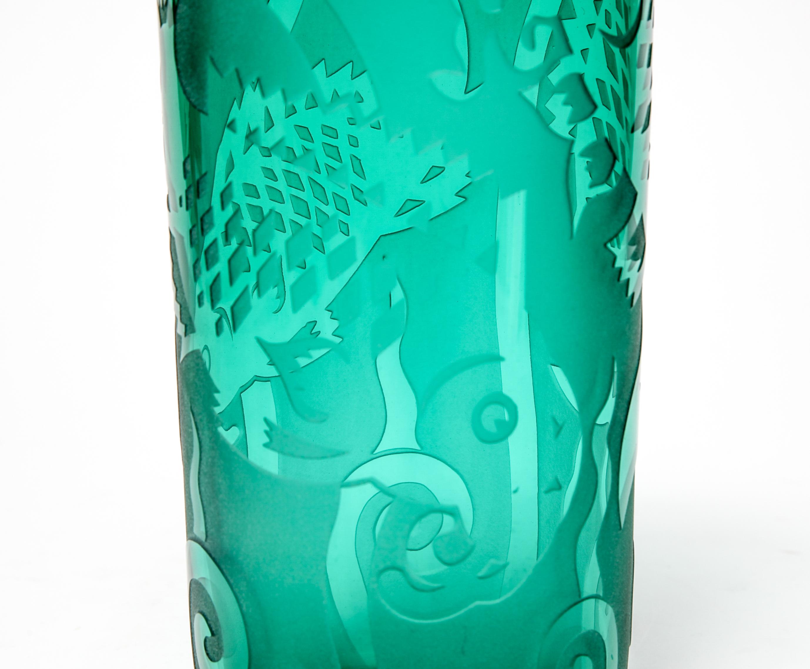 20th Century Correia Modern Etched Art Glass Vase with Fish Motif