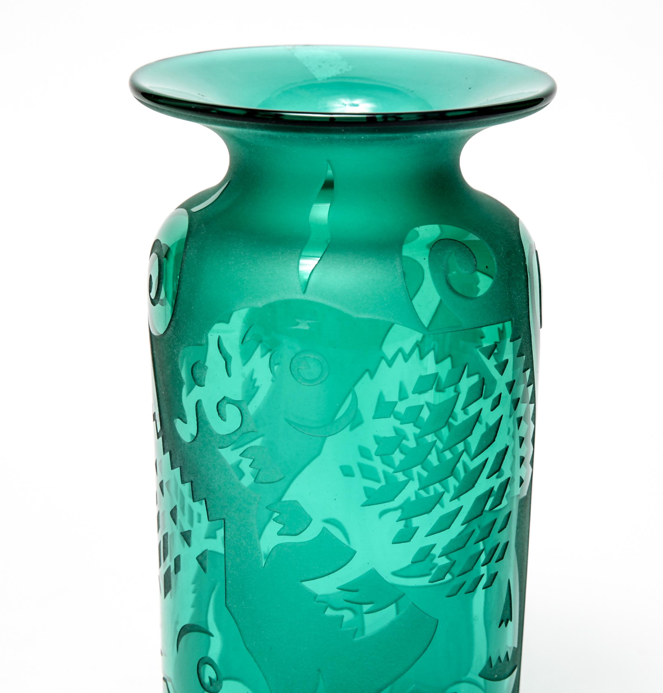 Correia Modern Etched Art Glass Vase with Fish Motif 1