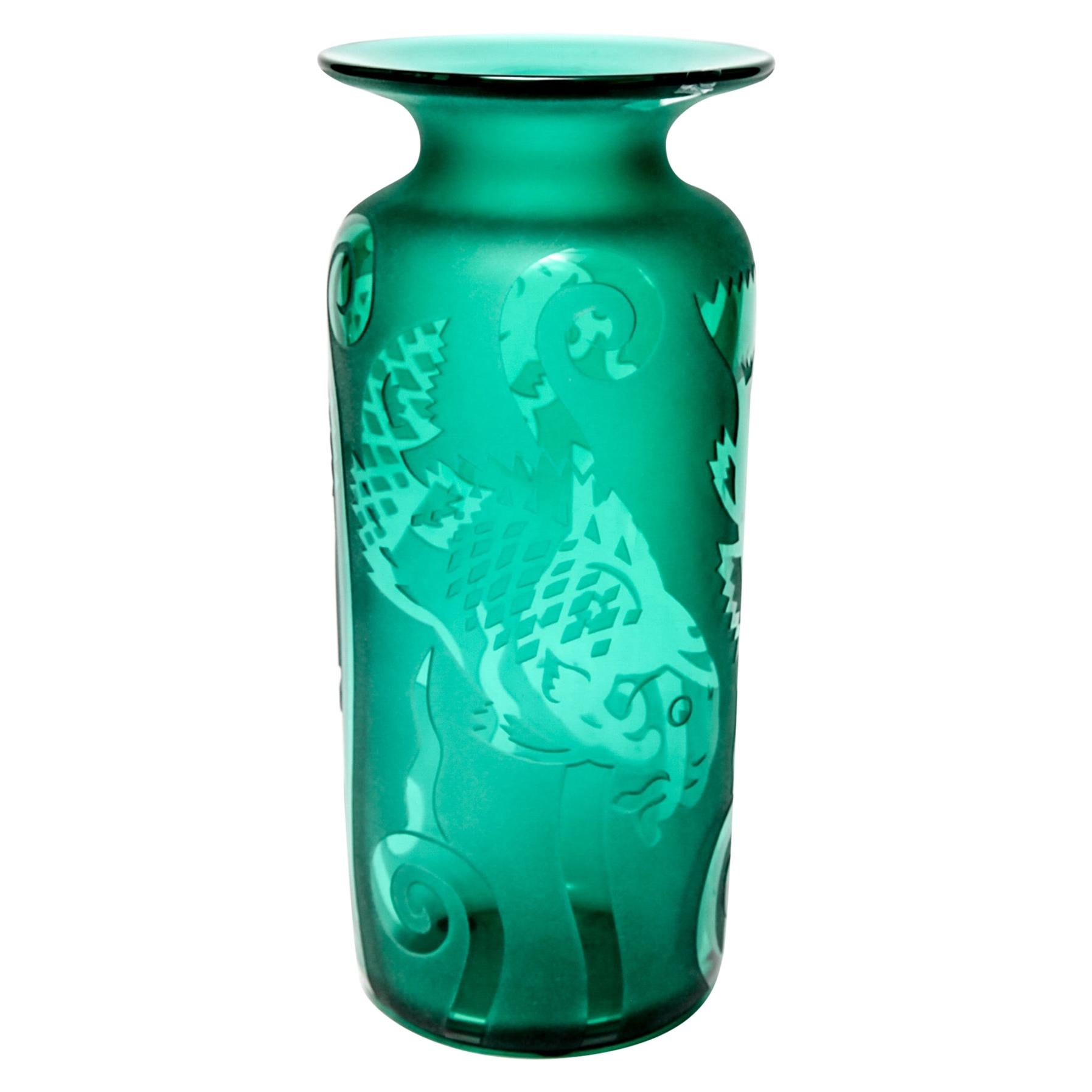 Correia Modern Etched Art Glass Vase with Fish Motif