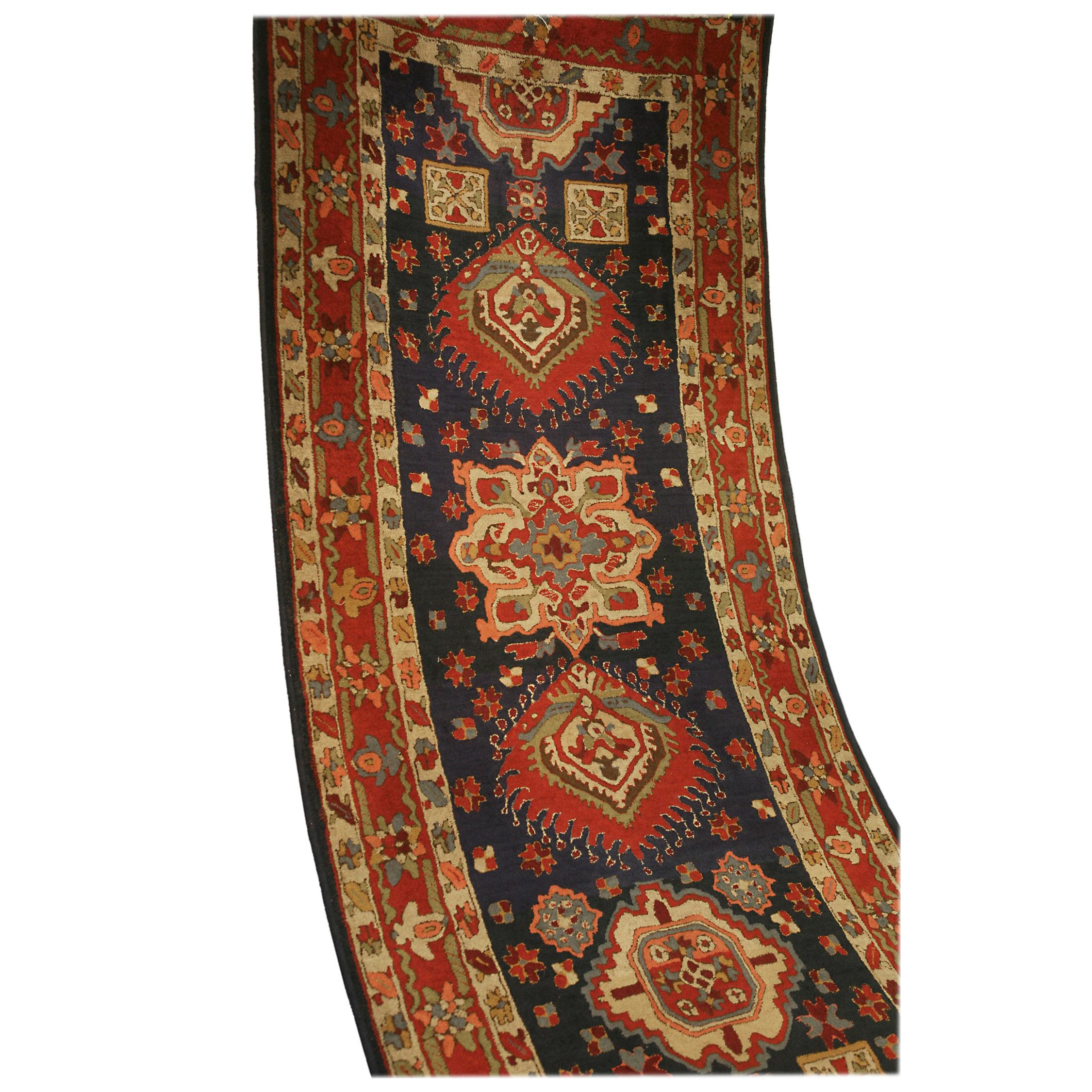 Corridor Size Antique German Turquoise&Blue Wool Tetex Runner, 1940 For Sale