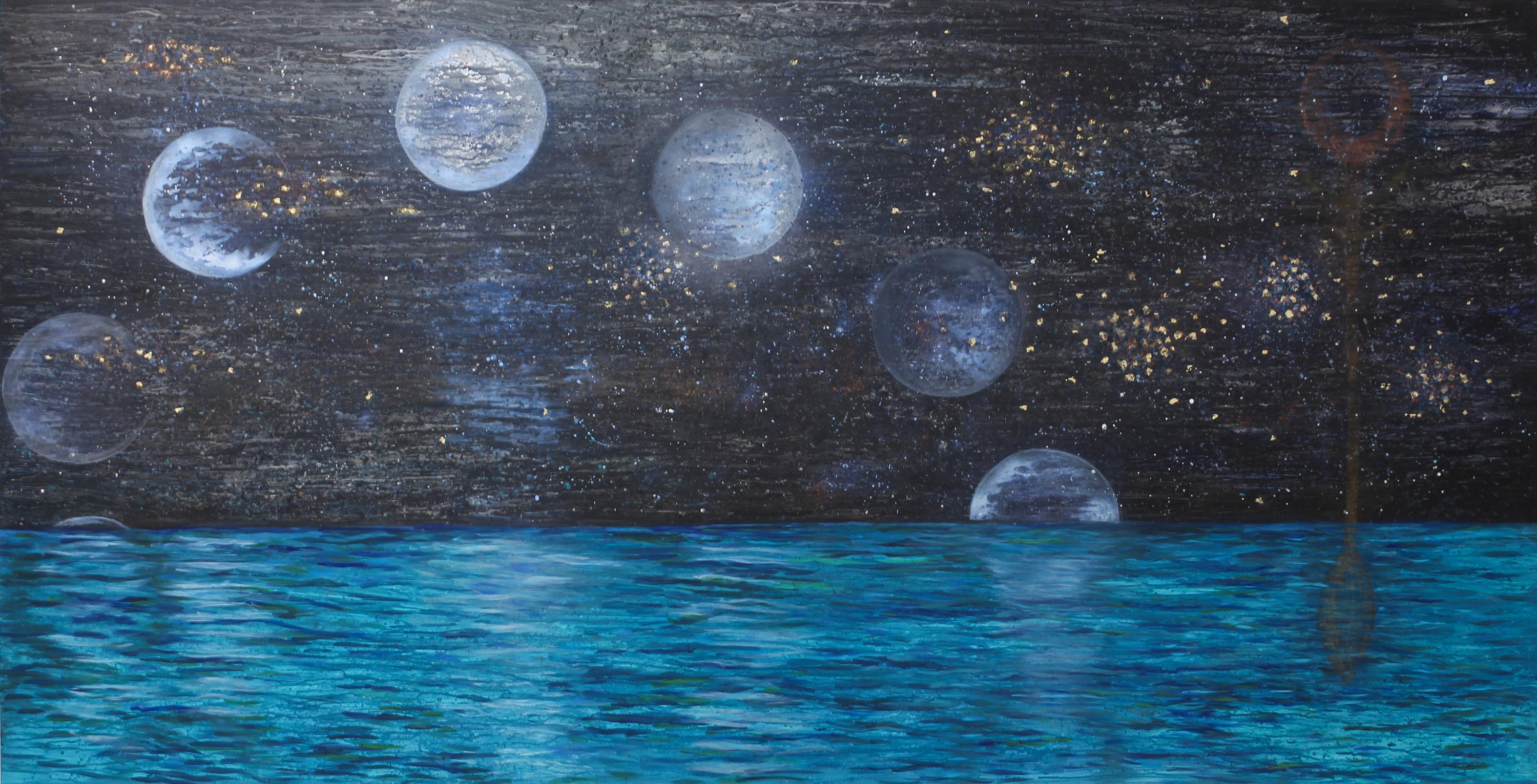 Corrina Sephora Abstract Painting – „Uncharted Waters“ – Himmelsgemälde, großformatig, blaue Mondzyklen
