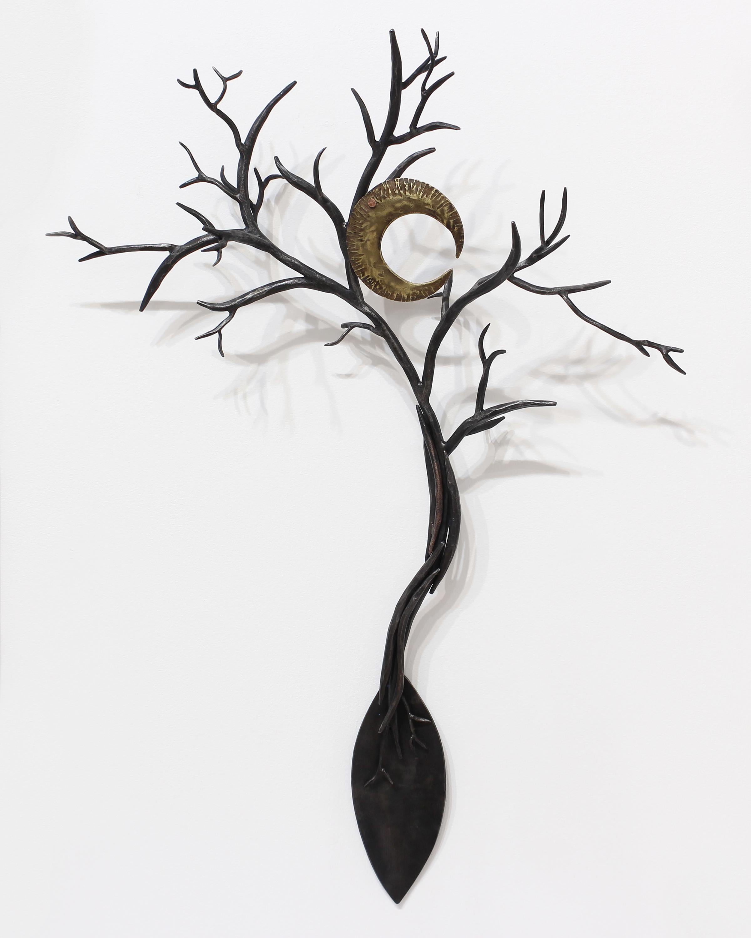 Corrina Sephora Still-Life Sculpture - "AVIRONS, Lune dans L'Arbre" - wall sculpture, moon, celestial, space, oar