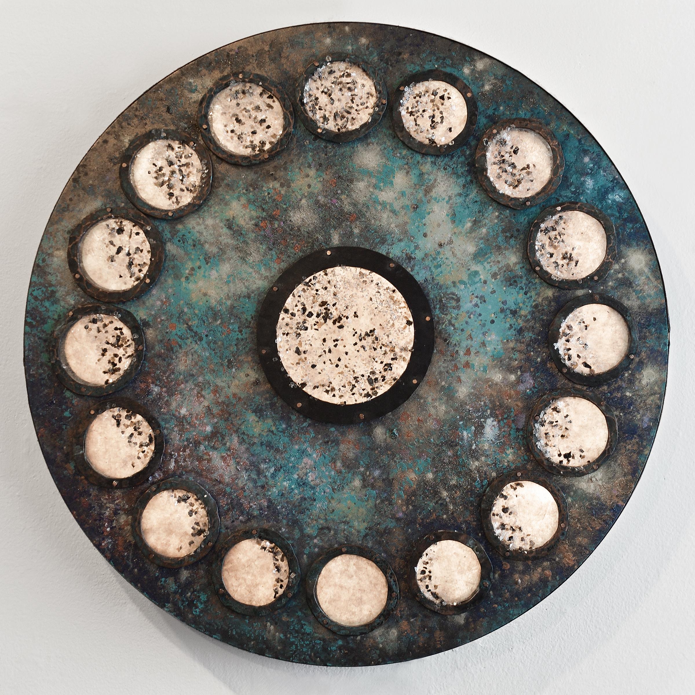 "Lunar Calendar VI" - wall sculpture, light, crystals, space