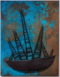 "Voyageur en Bateaux" - large abstract painting, drips, nautical