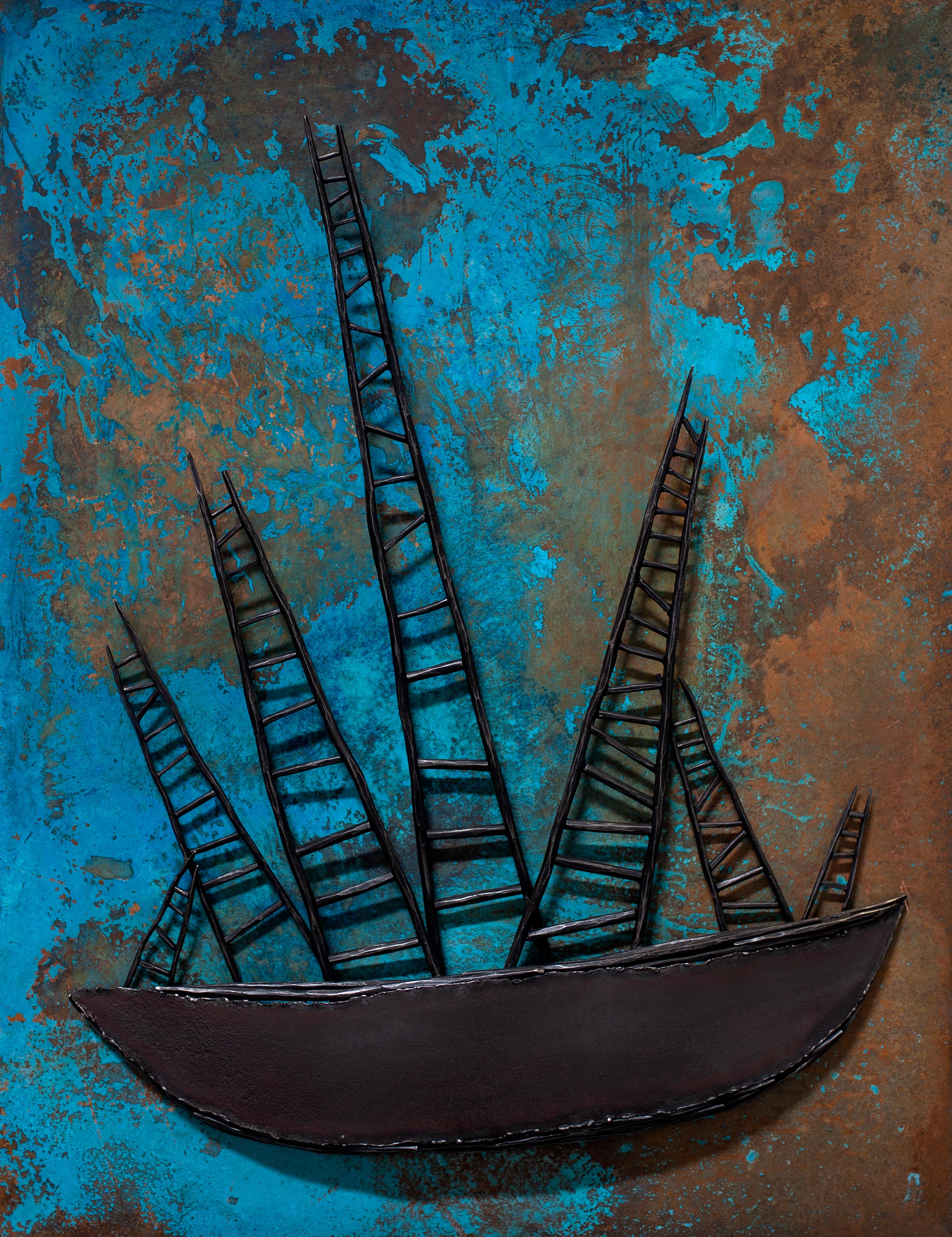 Corrina Sephora Still-Life Sculpture - "Voyageur en Bateaux" - large abstract painting, drips, nautical