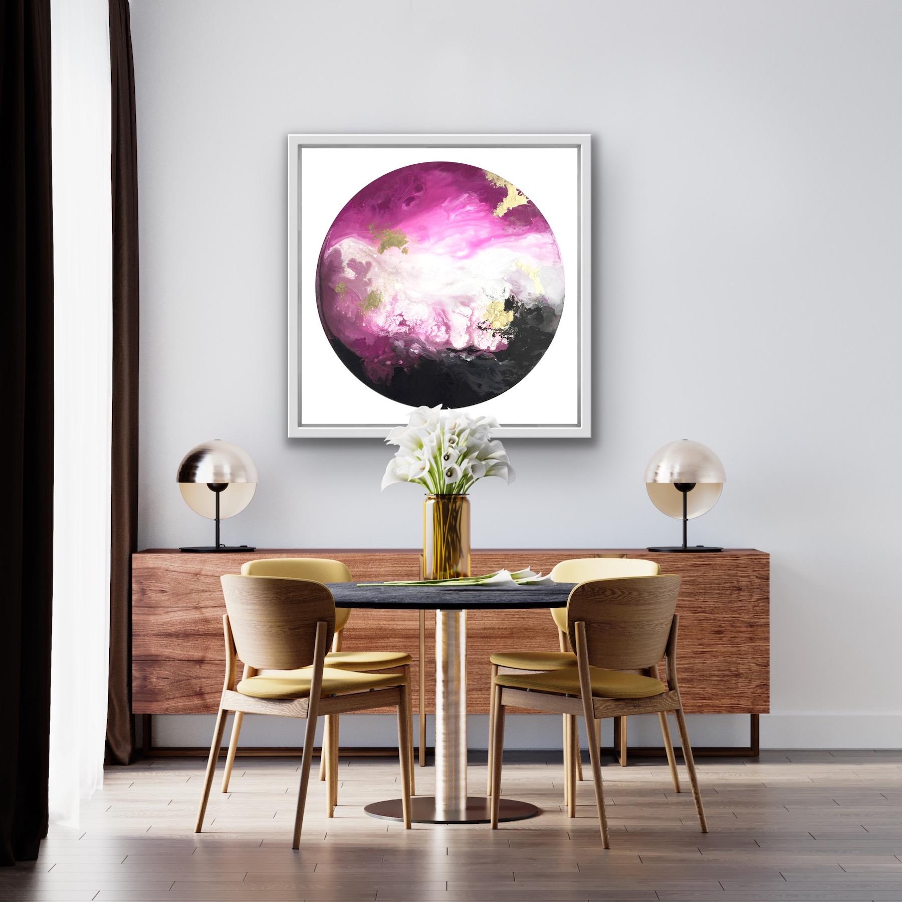 Oceano rosa, quadro circolare astratto su tela, arte contemporanea rosa porpora - Painting di Corrine Natel