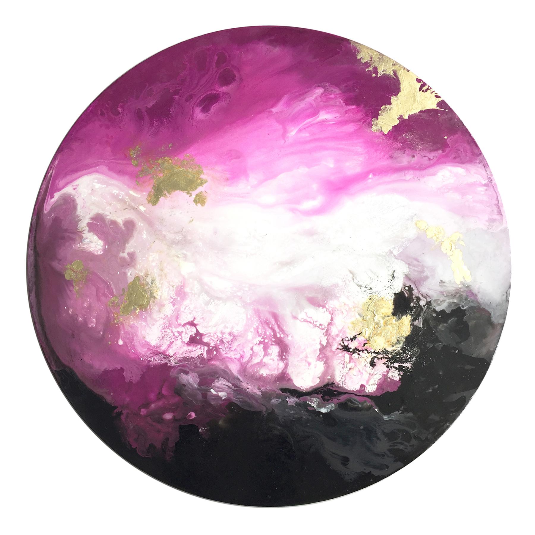 Still-Life Painting di Corrine Natel - Oceano rosa, quadro circolare astratto su tela, arte contemporanea rosa porpora