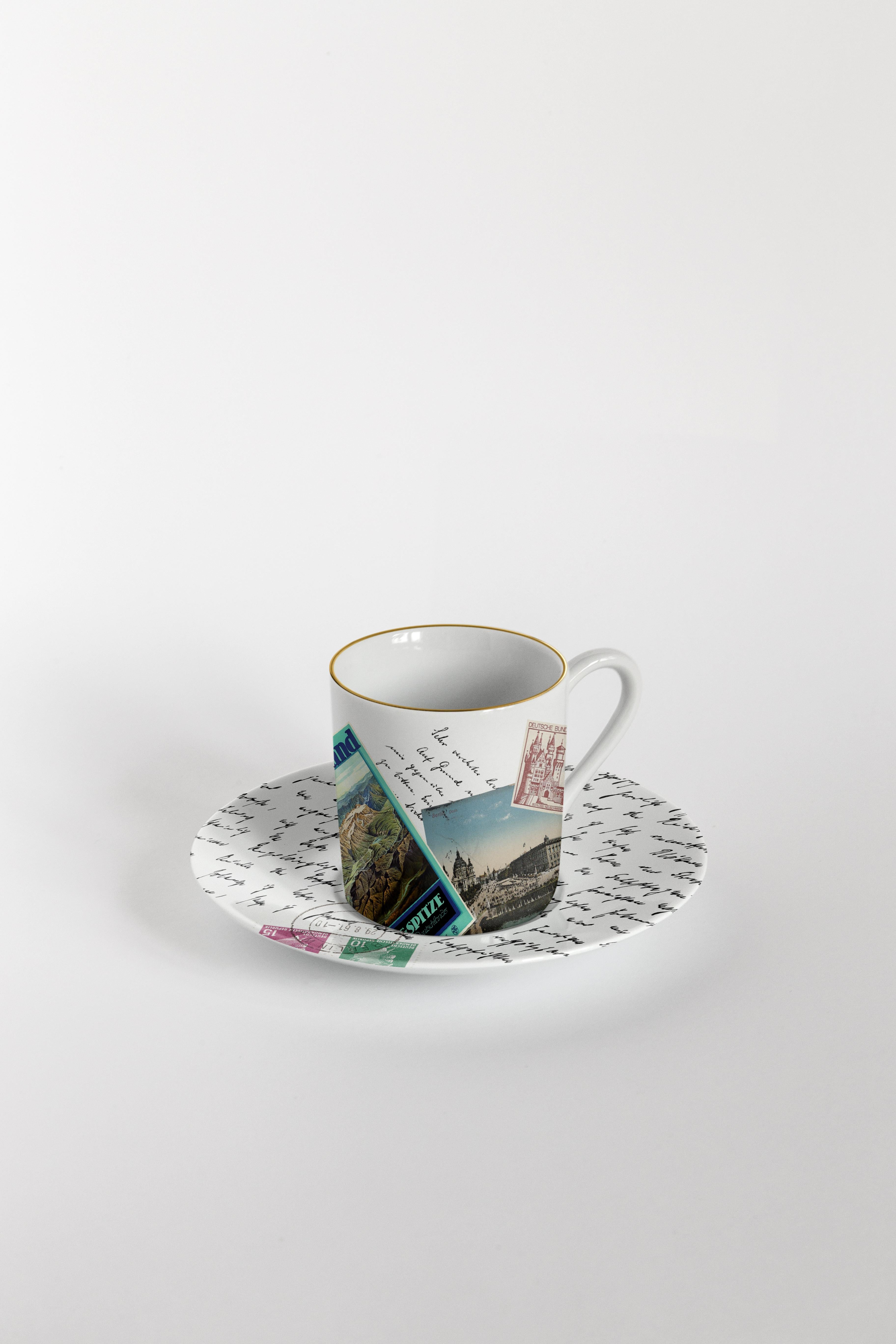 Porcelain Corrispondenze, Six Contemporary Decorated Coffee Cups with Plates For Sale