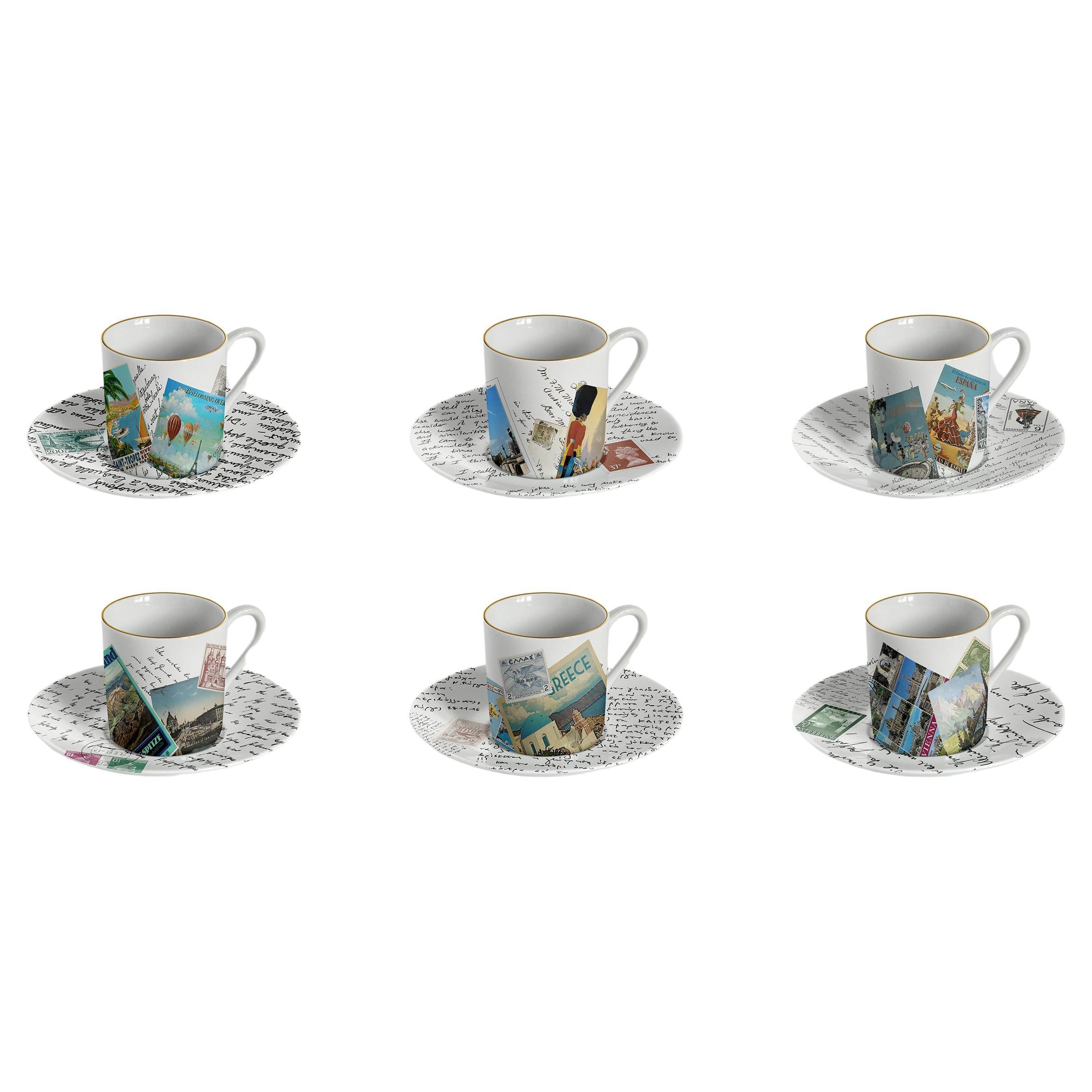 Corrispondenze, Six Contemporary Decorated Coffee Cups with Plates