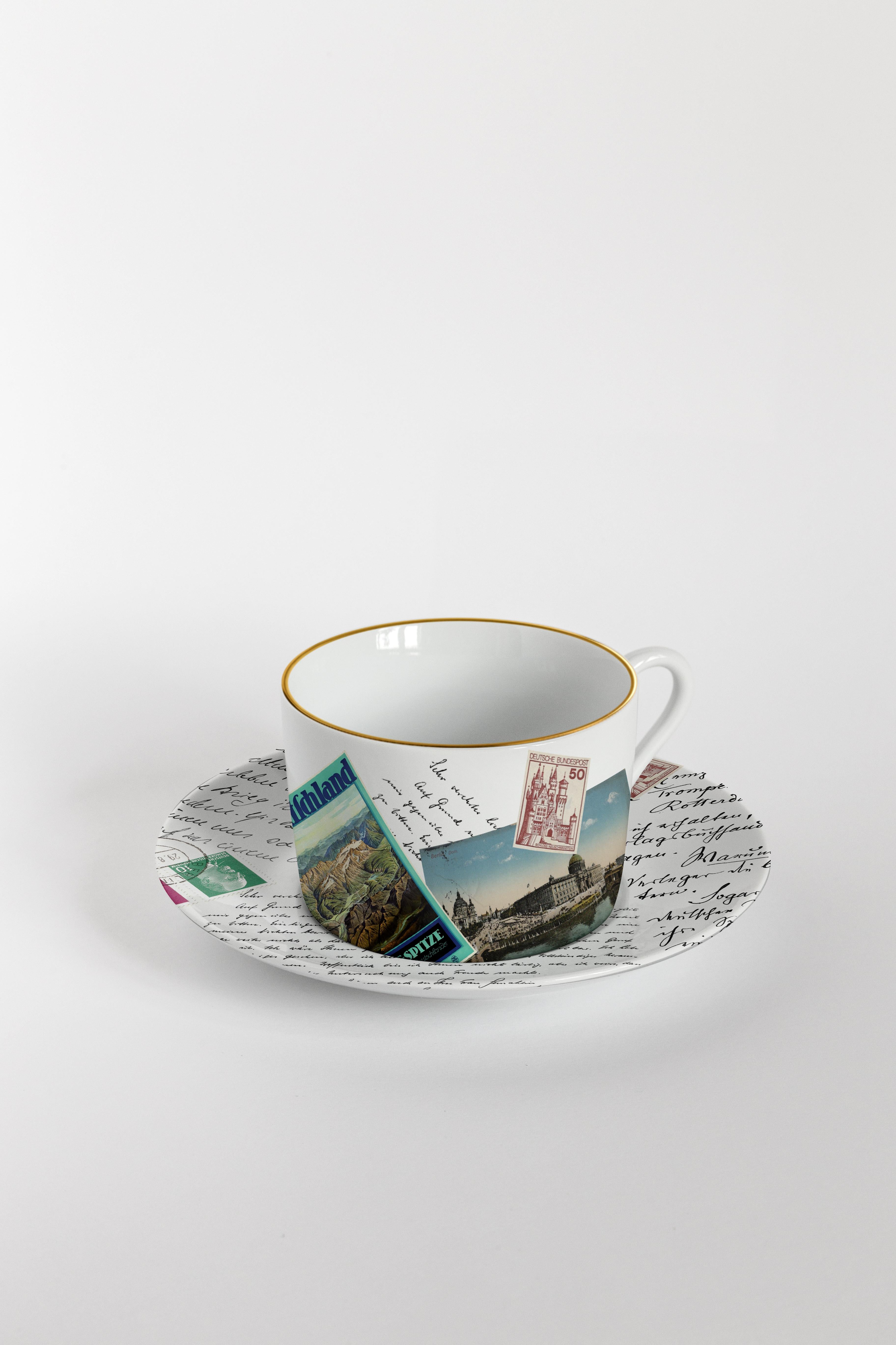 XXIe siècle et contemporain Corrispondenze, six tasses à thé décorées contemporaines avec assiettes en vente