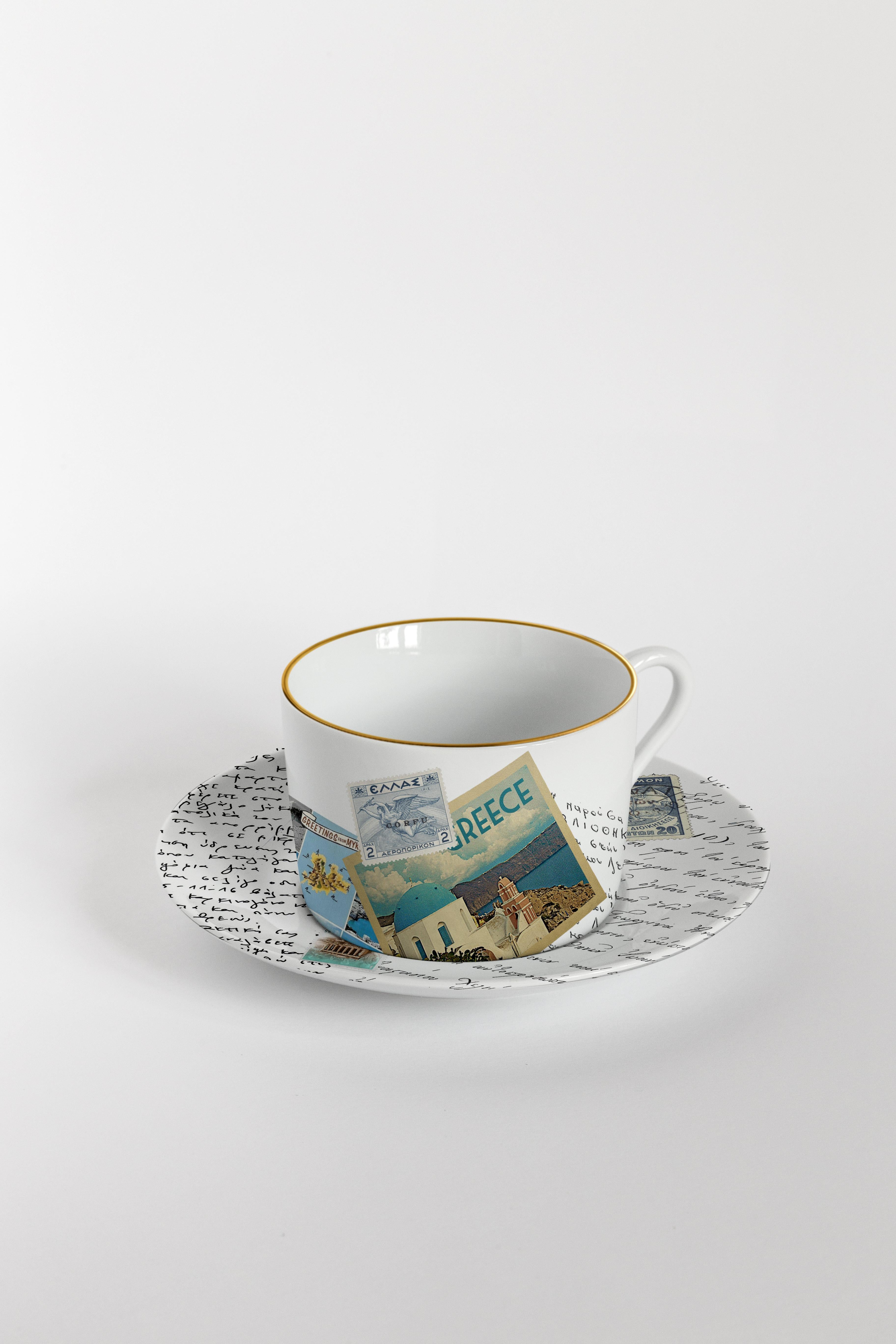 Italian Corrispondenze, Six Contemporary Decorated Tea Cups with Plates For Sale