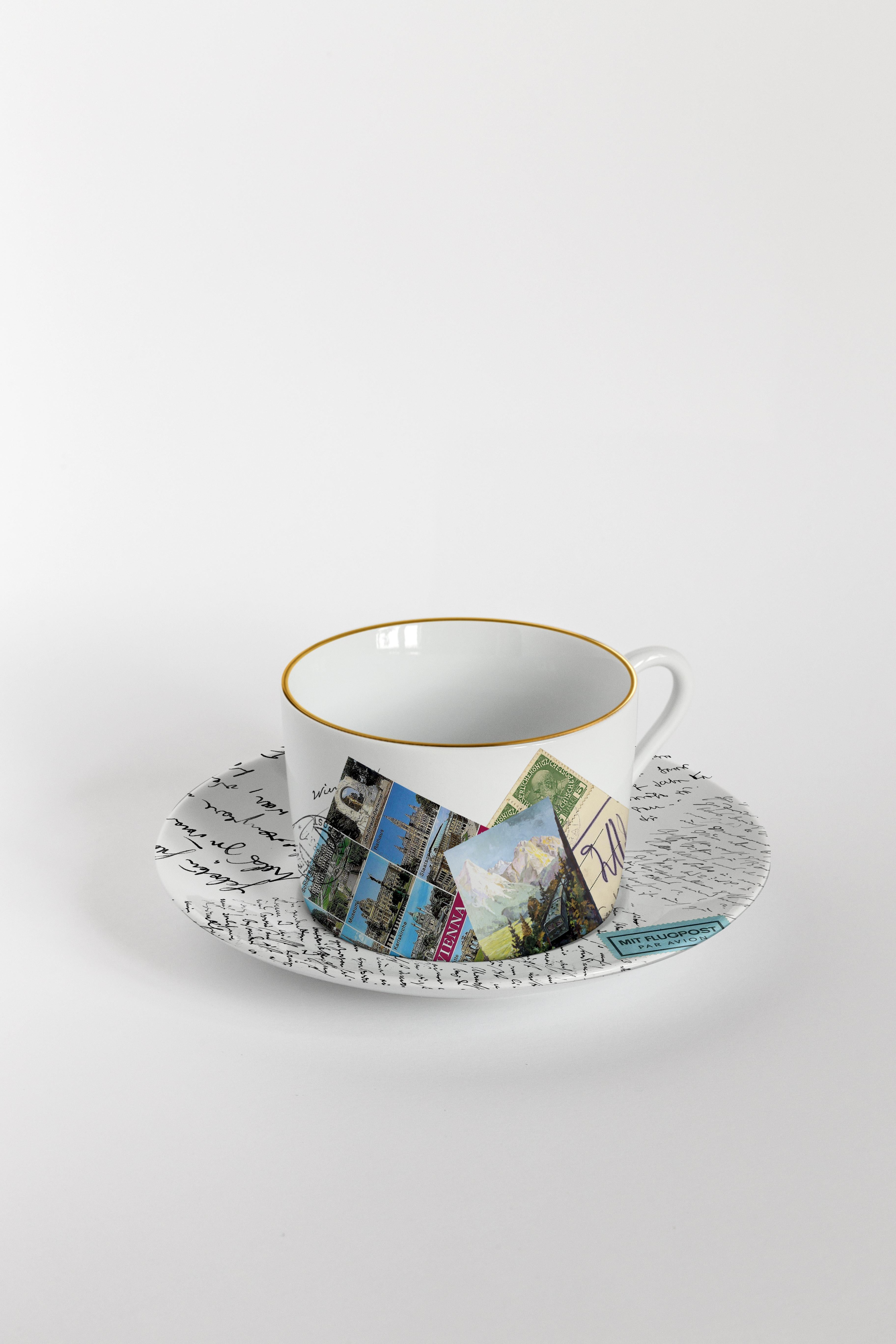 Corrispondenze, six tasses à thé décorées contemporaines avec assiettes en vente 1