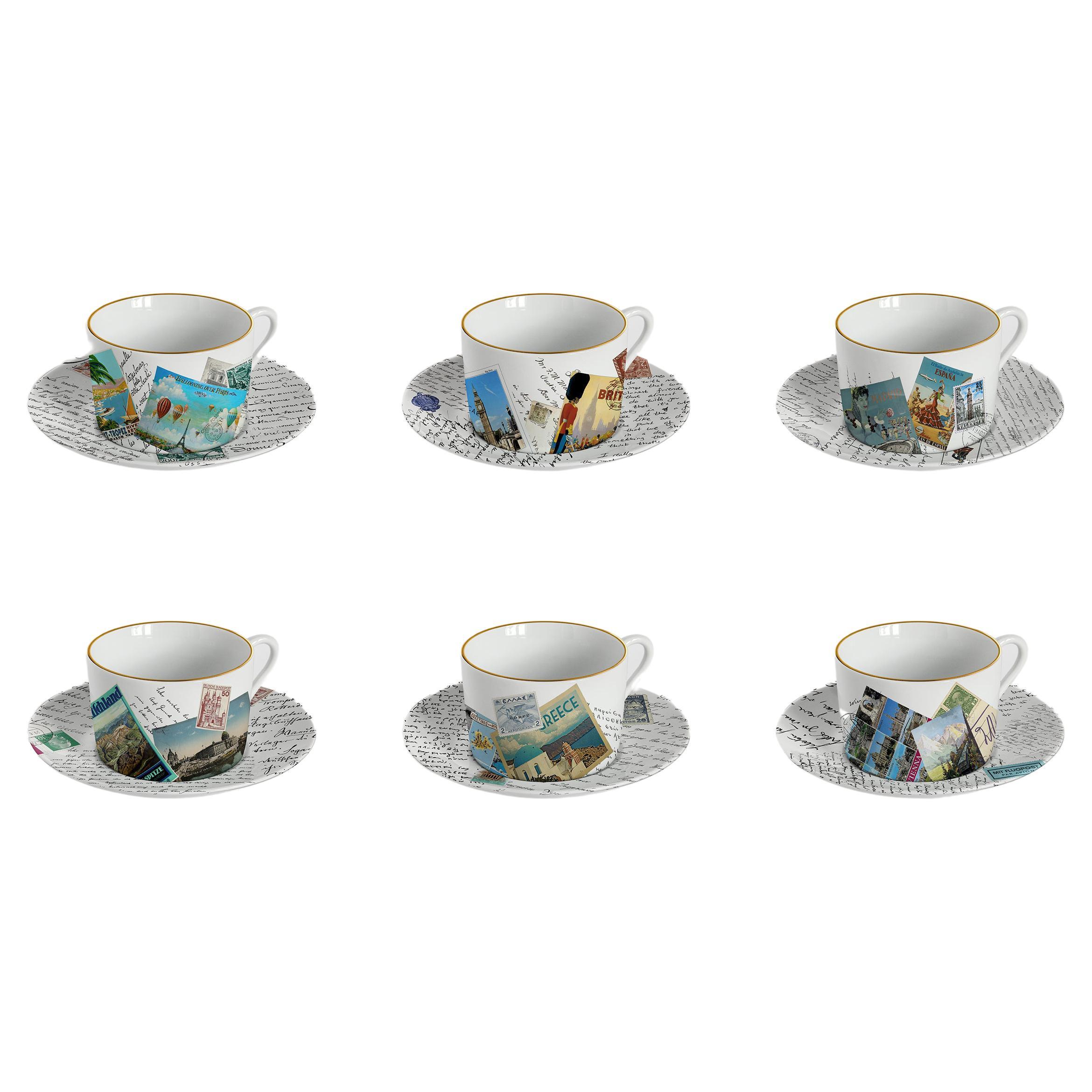 Corrispondenze, Six Contemporary Decorated Tea Cups with Plates