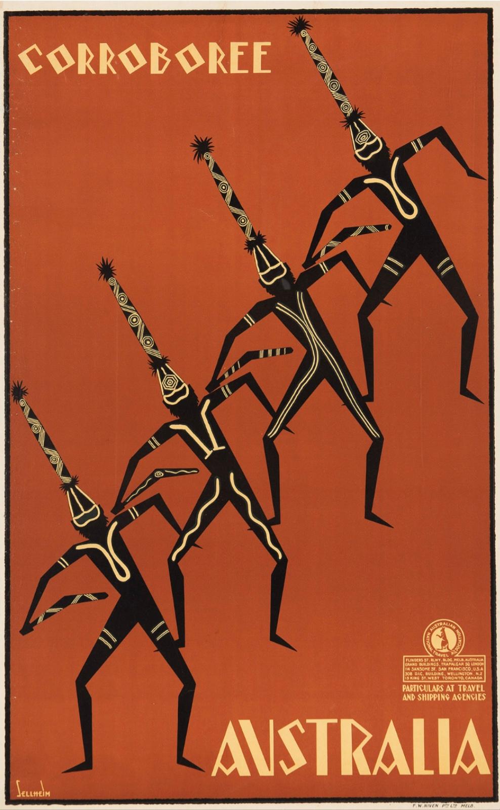 'Corroboree' Australia Original Vintage Poster by Sellheim, 1934

Gert Sellheim, a German-Australian artist, was one of the earliest designers commissioned by the Australian National Travel Association (ANTA) to produce designs for Australian travel